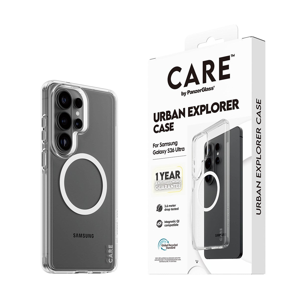 CARE™ by PanzerGlass® Urban Explorer Case Transparant m. Hvid Qi Samsung Galaxy S26 Ultra