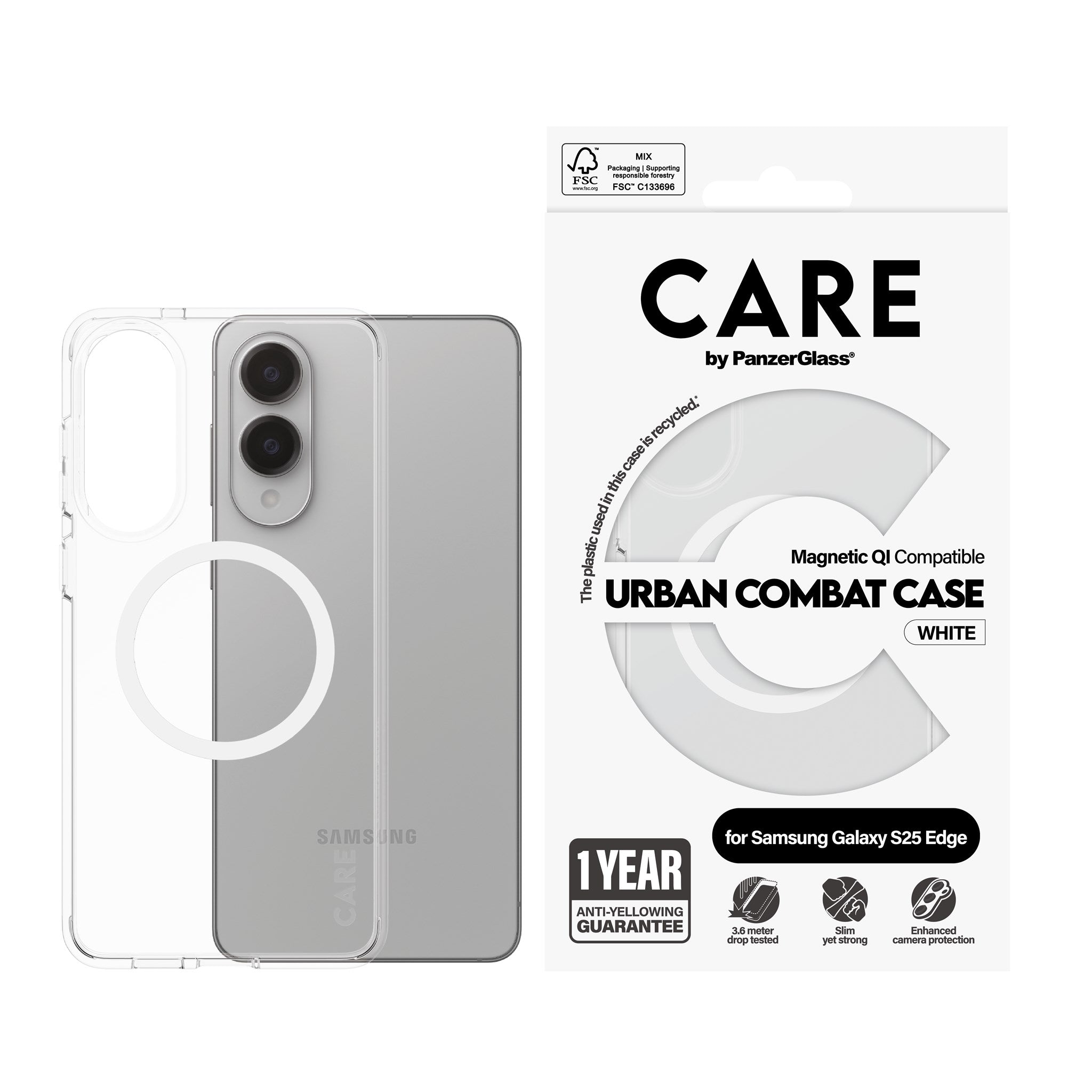 CARE by PanzerGlass® Urban Combat Case Transparent m. Hvid Qi Compatible Samsung S25 Edge