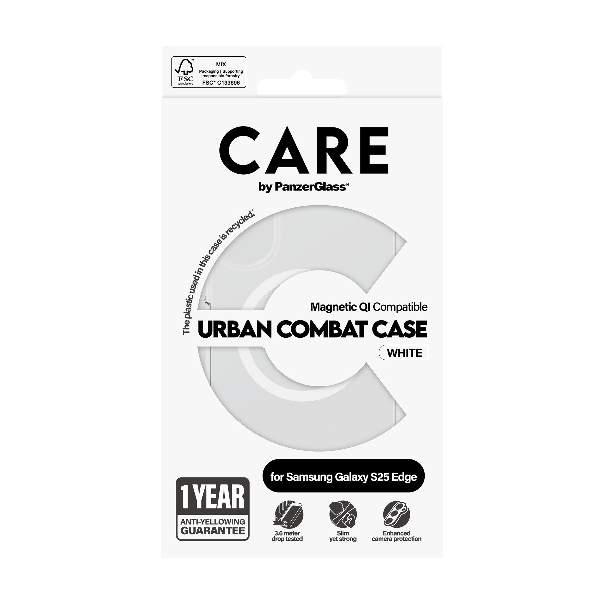 CARE by PanzerGlass® Urban Combat Case Transparent m. Hvid Qi Compatible Samsung S25 Edge