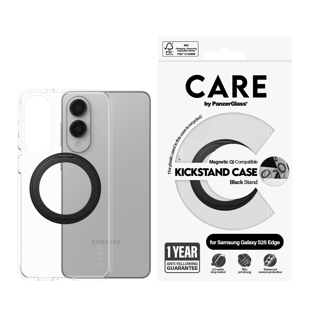 CARE by PanzerGlass® Case Transparent m. Sort Kickstand & Qi Compatible Samsung S25 Edge