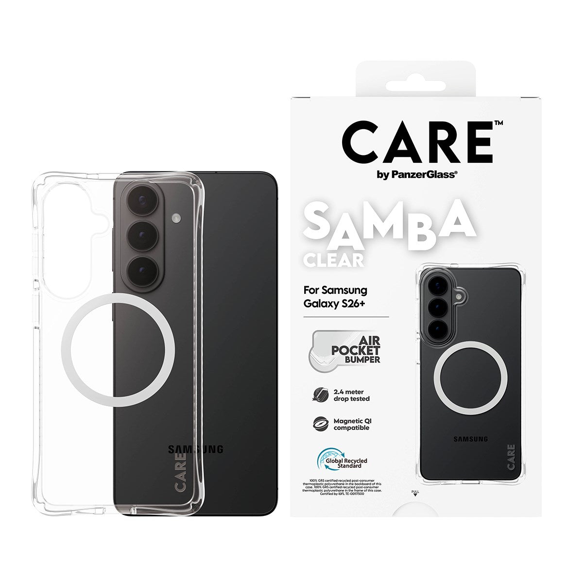 CARE™ by PanzerGlass® Samba Case Transparant m. Hvid Qi Samsung Galaxy S26+