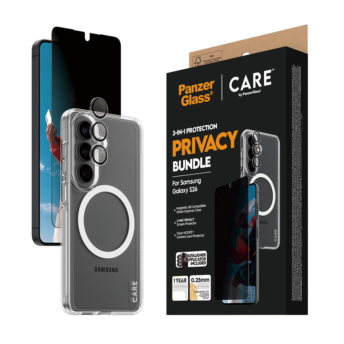 PanzerGlass® | CARE™ by PanzerGlass® Privacy 3-in-1 Pakke Samsung Galaxy S26