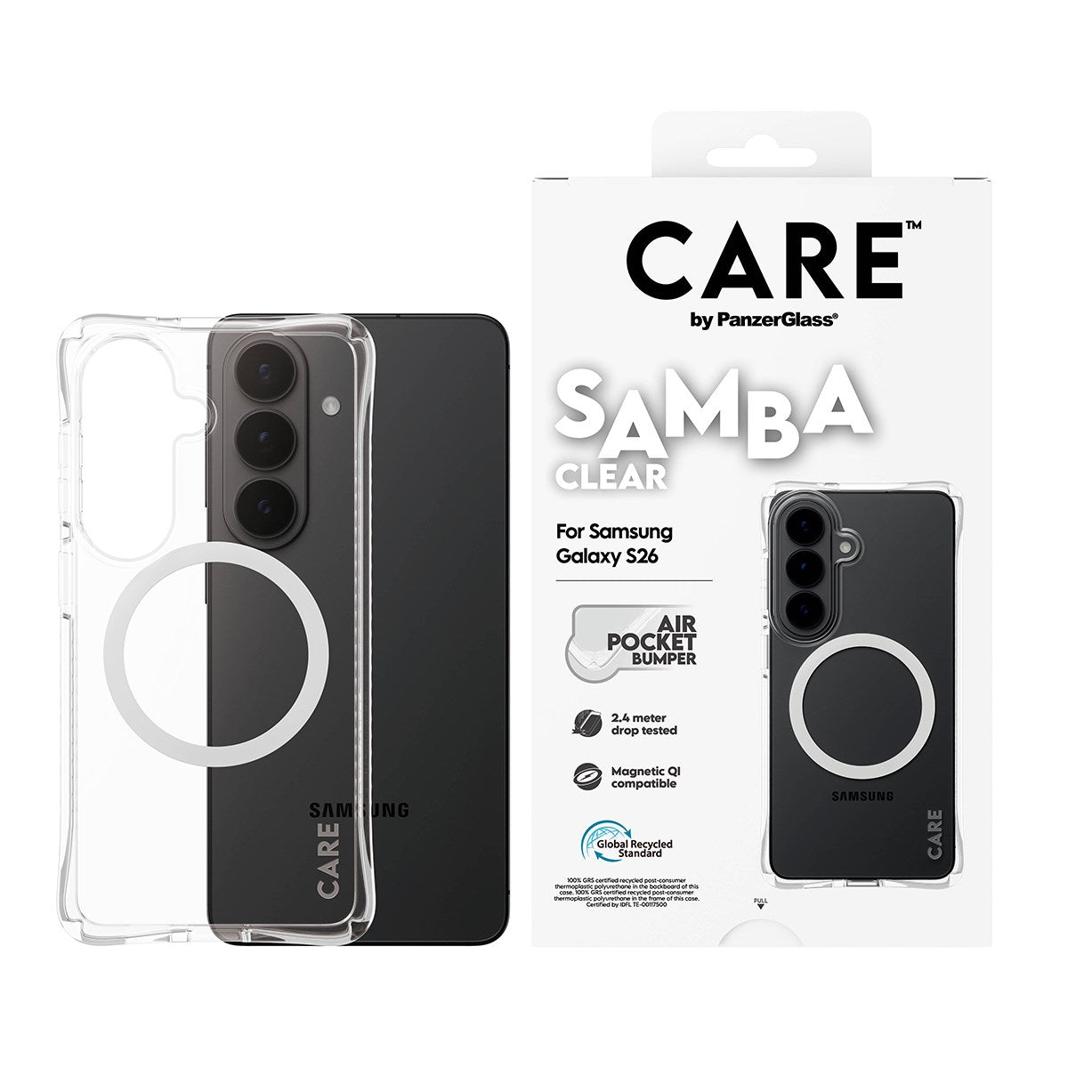 CARE™ by PanzerGlass® Samba Case Transparant m. Hvid Qi Samsung Galaxy S26