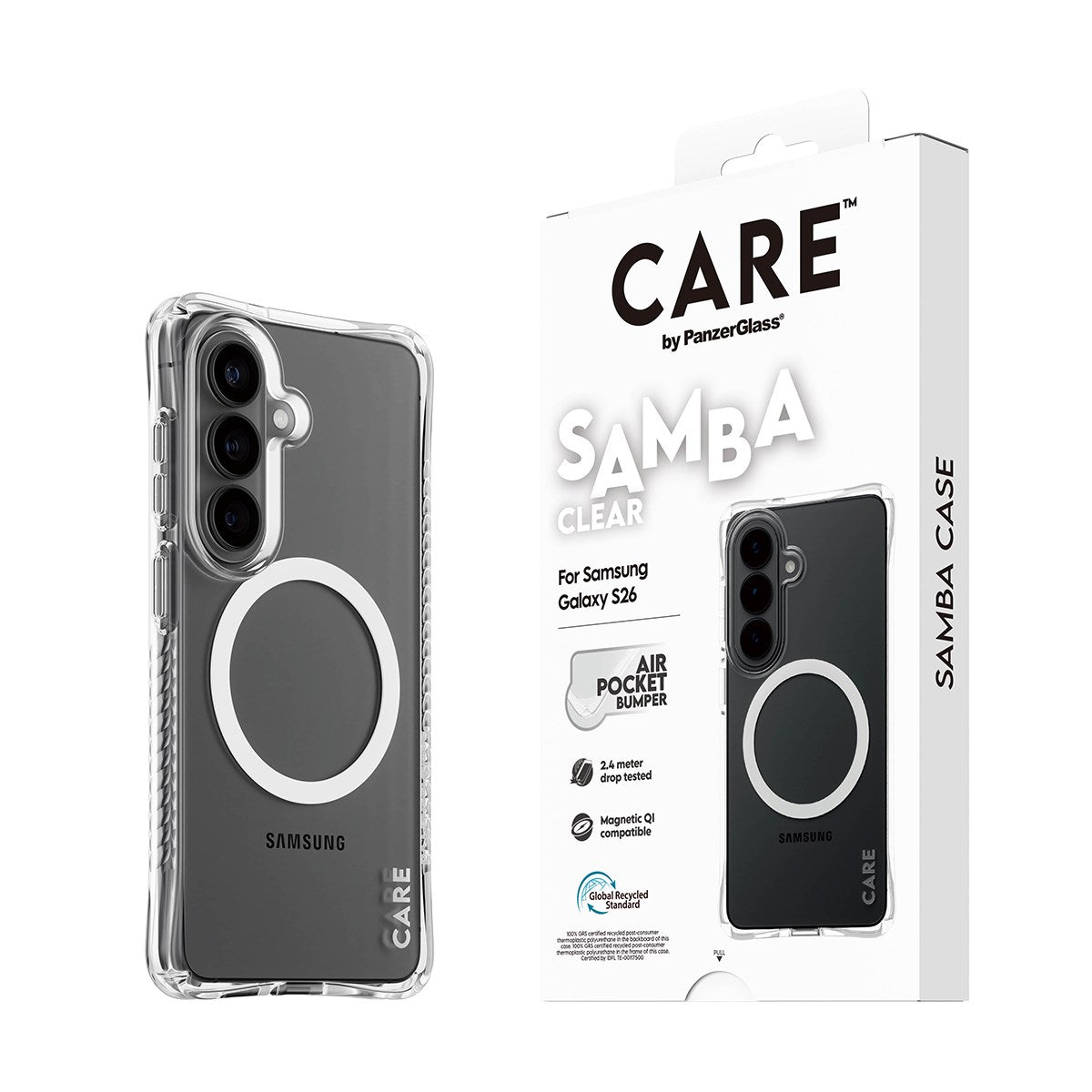 CARE™ by PanzerGlass® Samba Case Transparant m. Hvid Qi Samsung Galaxy S26