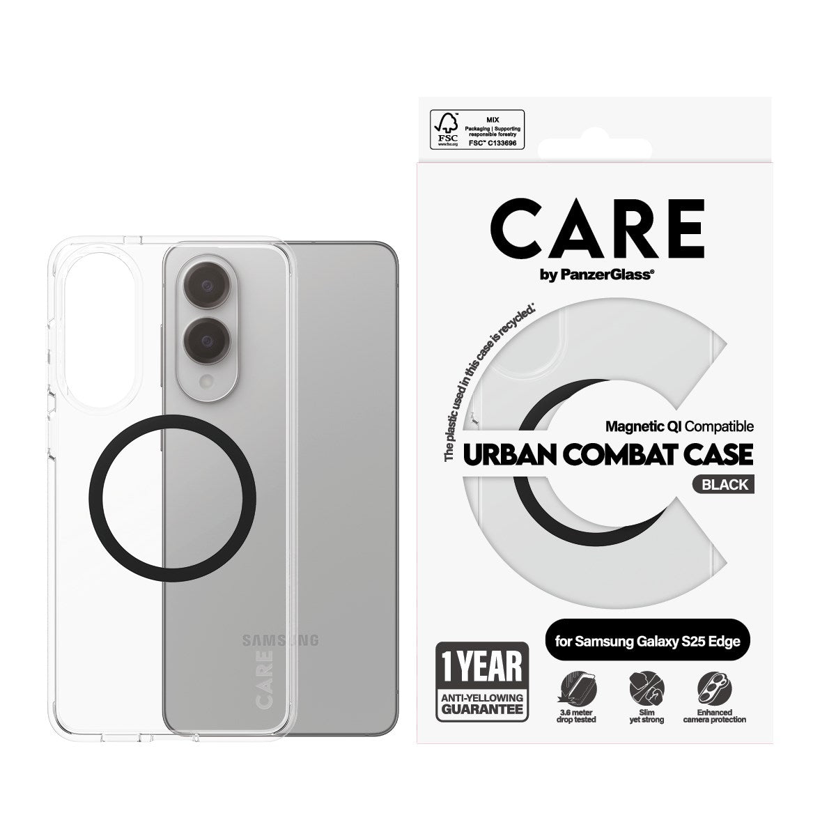 CARE by PanzerGlass® Urban Combat Case Transparent m. Sort Qi Compatible Samsung S25 Edge