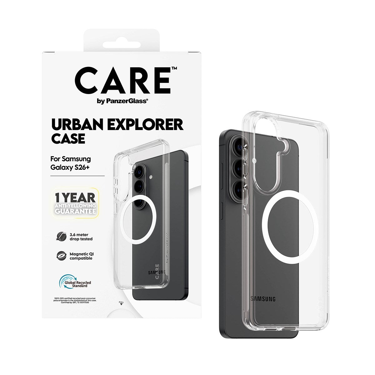 CARE™ by PanzerGlass® Urban Explorer Case Transparant m. Hvid Qi Samsung Galaxy S26+