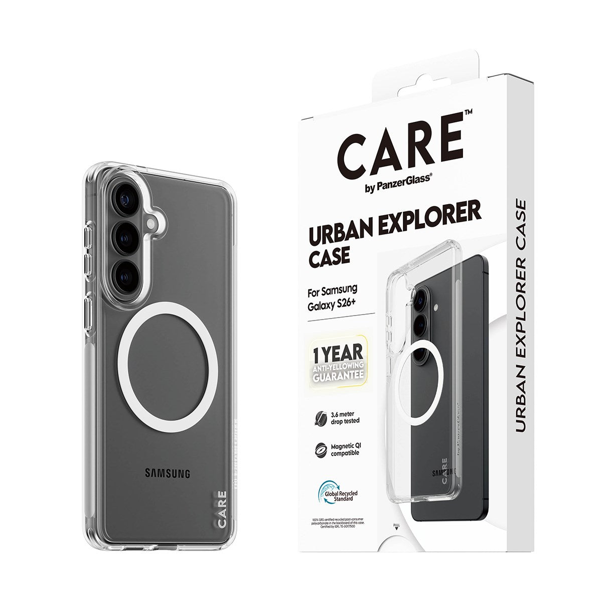 CARE™ by PanzerGlass® Urban Explorer Case Transparant m. Hvid Qi Samsung Galaxy S26+