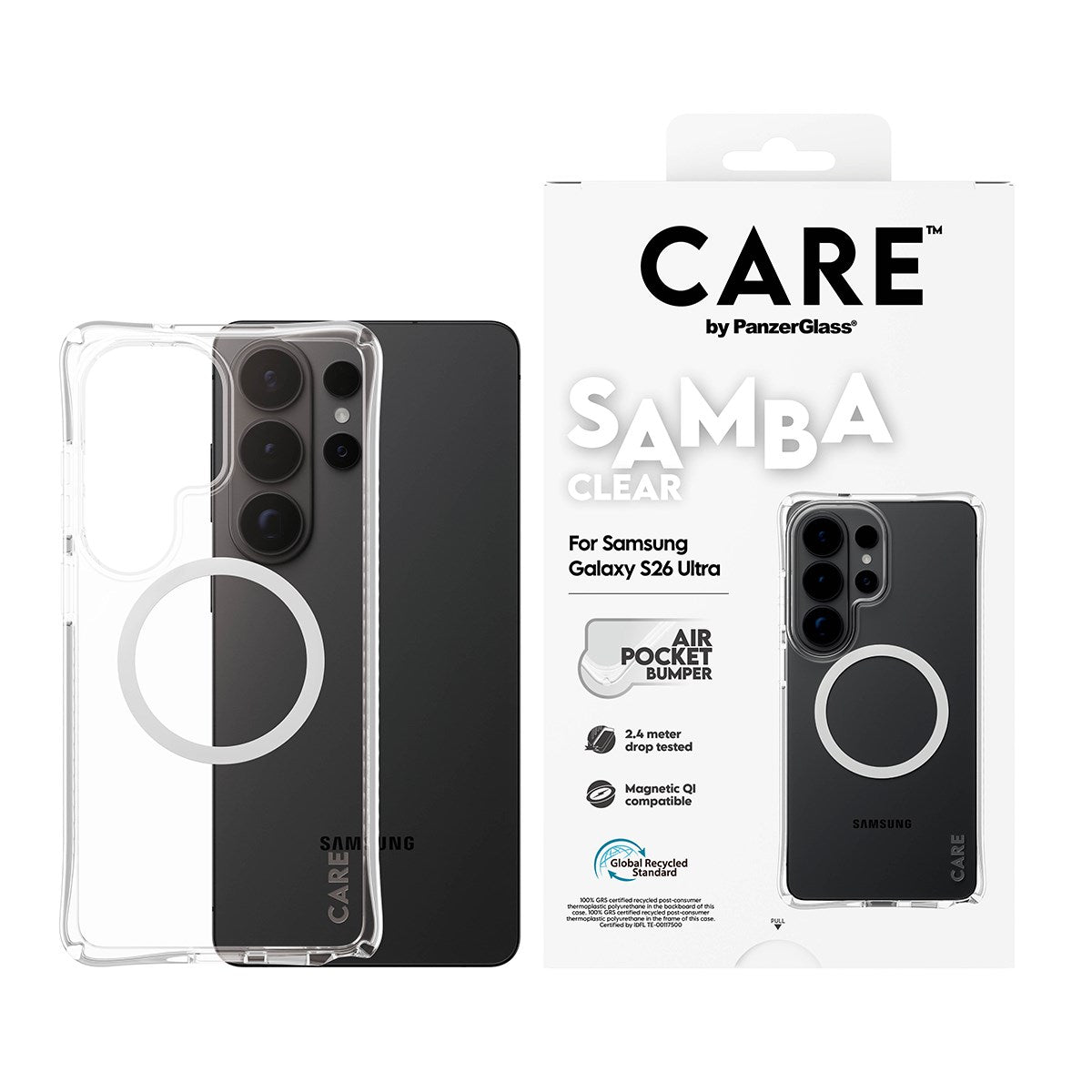 CARE™ by PanzerGlass® Samba Case Transparant m. Hvid Qi Samsung Galaxy S26 Ultra