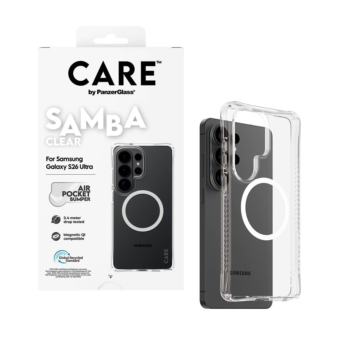 CARE™ by PanzerGlass® Samba Case Transparant m. Hvid Qi Samsung Galaxy S26 Ultra