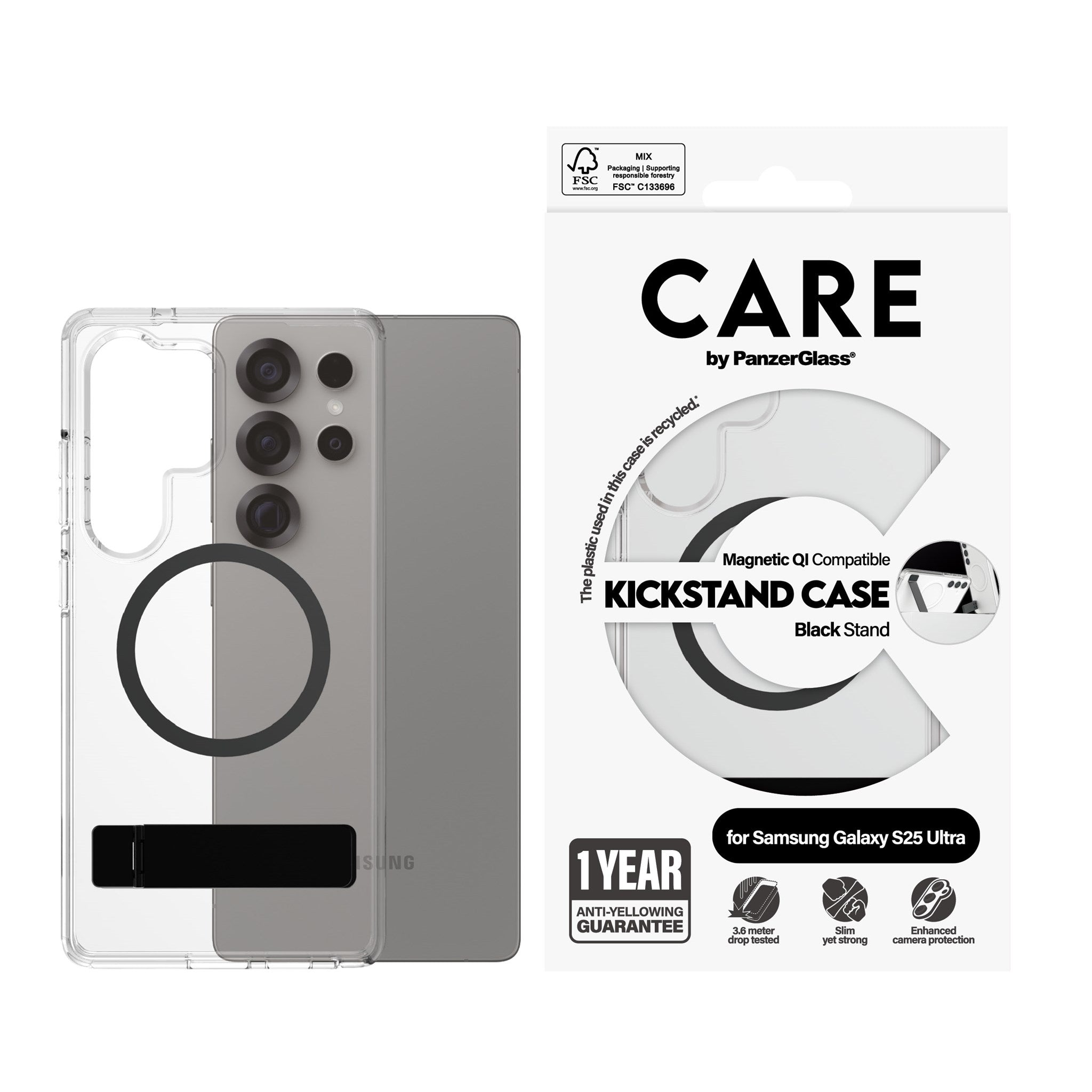 CARE by PanzerGlass® Case Transparent m. Sort Kickstand & Qi Compatible Samsung Galaxy S25 Ultra