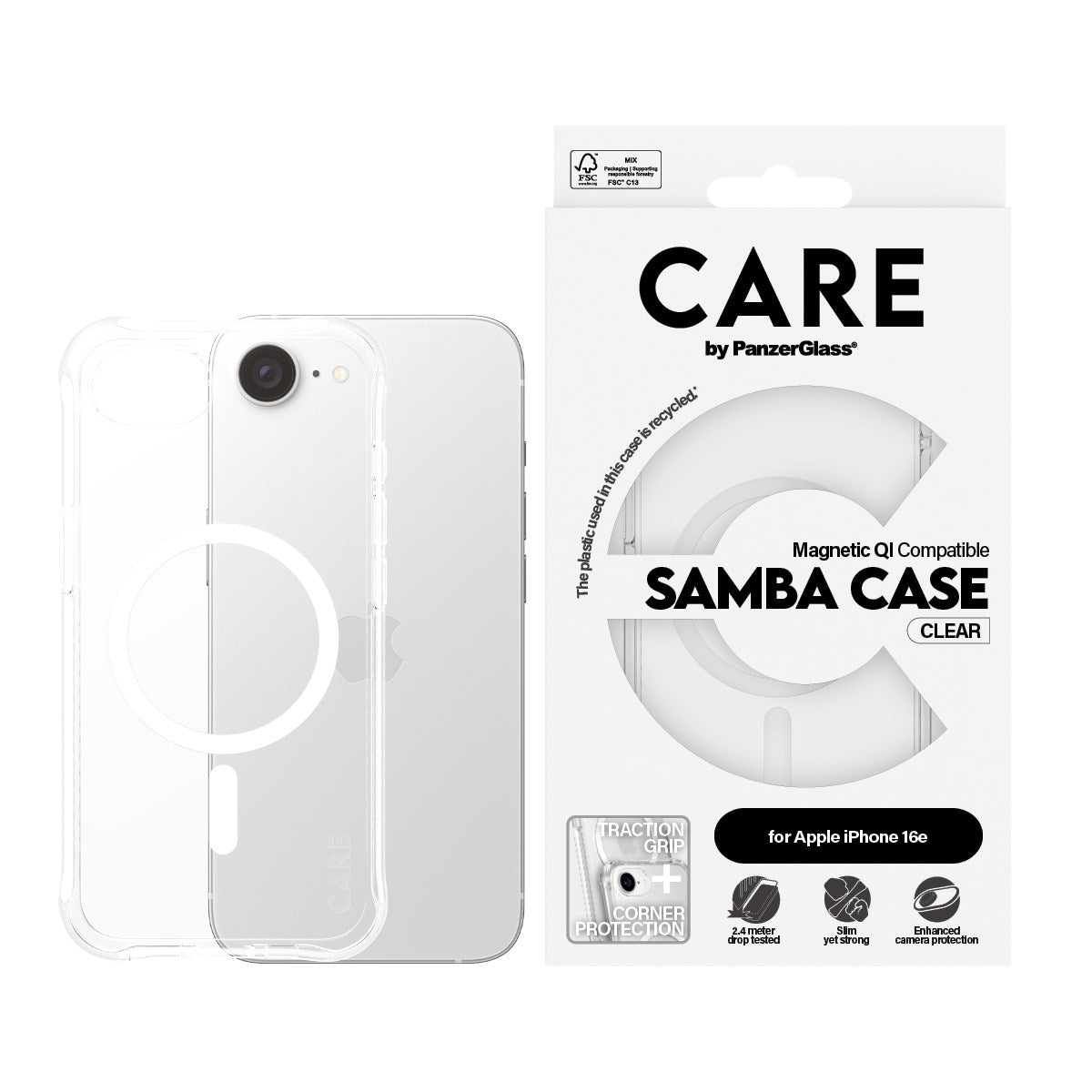 CARE by PanzerGlass® Samba Case Transparent m. Hvid Qi Compatible iPhone 16e