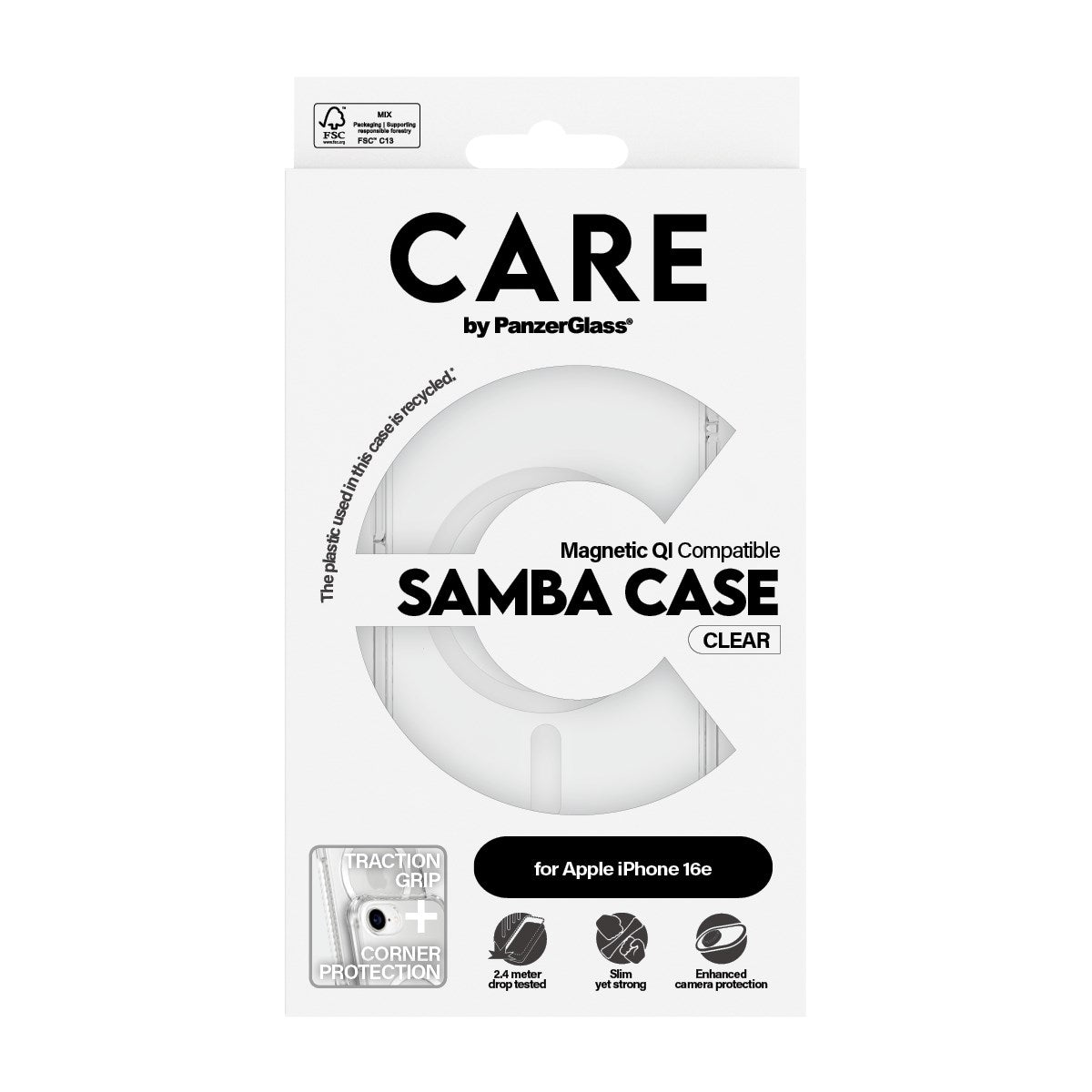 CARE by PanzerGlass® Samba Case Transparent m. Hvid Qi Compatible iPhone 16e