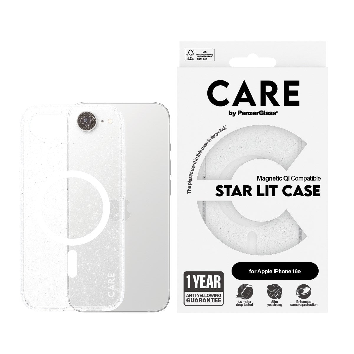 CARE by PanzerGlass® Urban Combat Case Star Lit m. Hvid Qi Compatible iPhone 16e