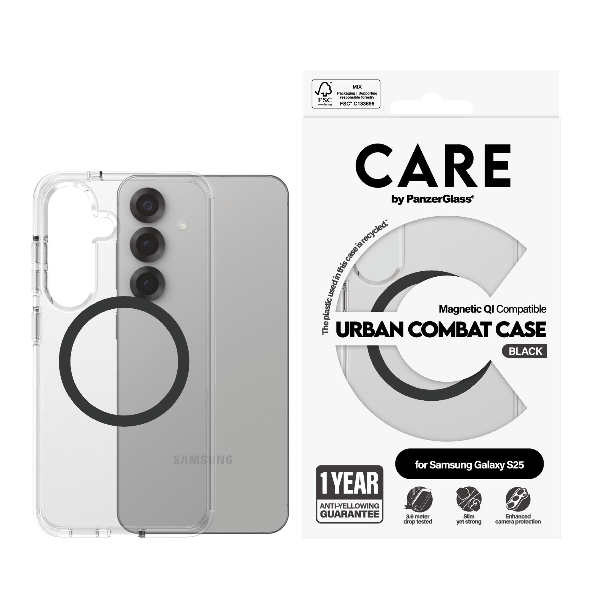 CARE by PanzerGlass® Urban Combat Case Transparent m. Sort Qi Compatible Samsung Galaxy S25