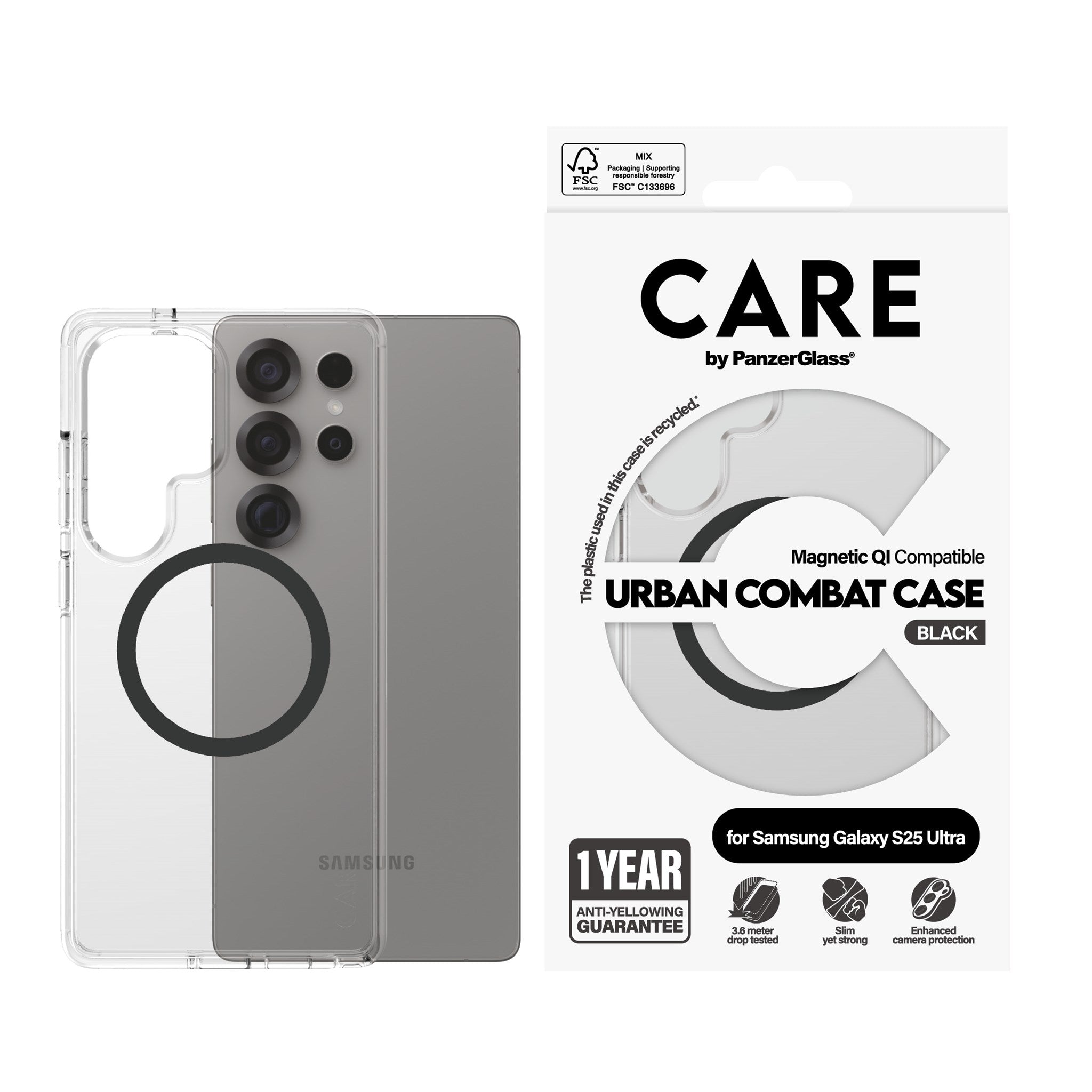 CARE by PanzerGlass® Urban Combat Case Transparent m. Sort Qi Compatible Samsung Galaxy S25 Ultra