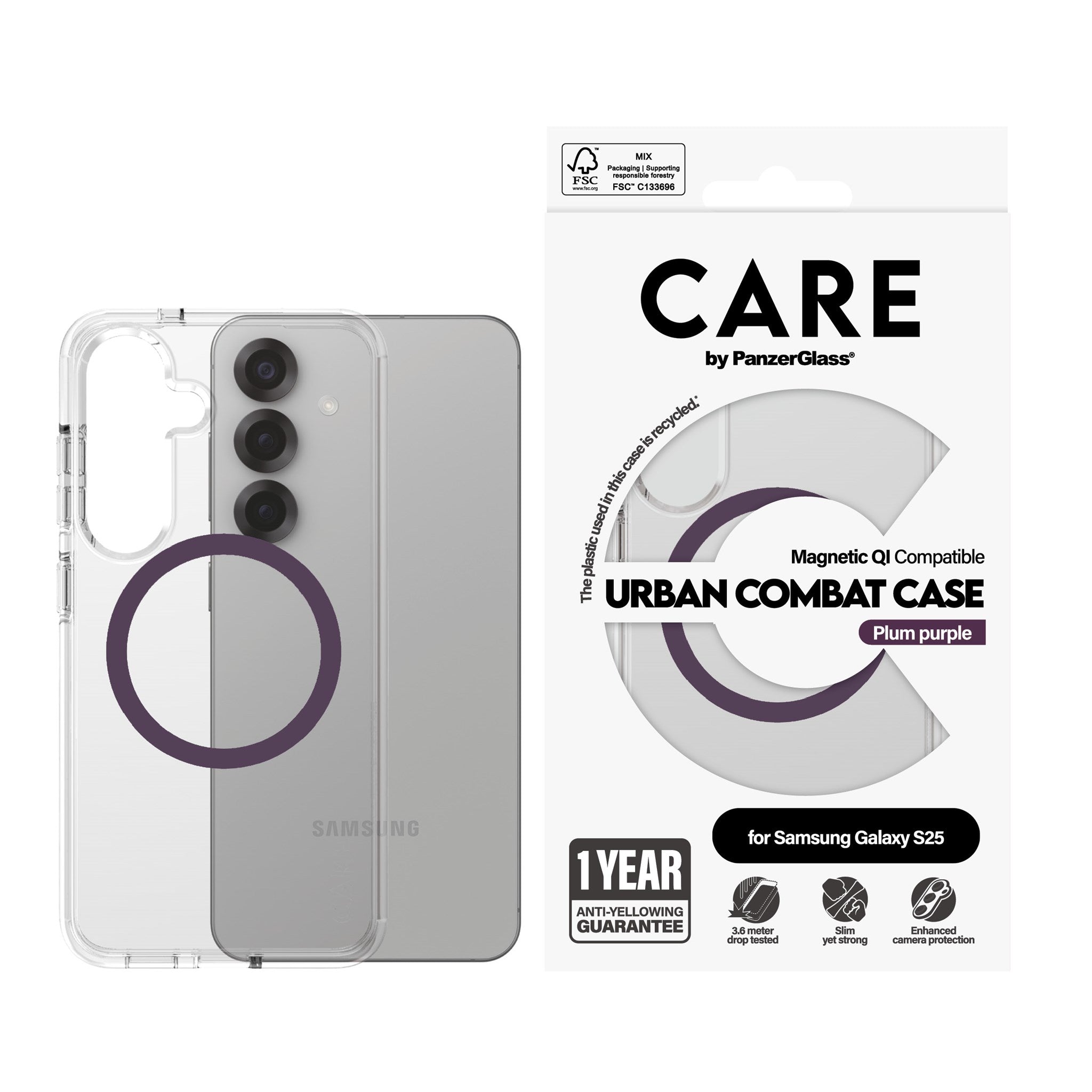 CARE by PanzerGlass® Urban Combat Case Transparent m. Plum Purple Qi Compatible Samsung Galaxy S25