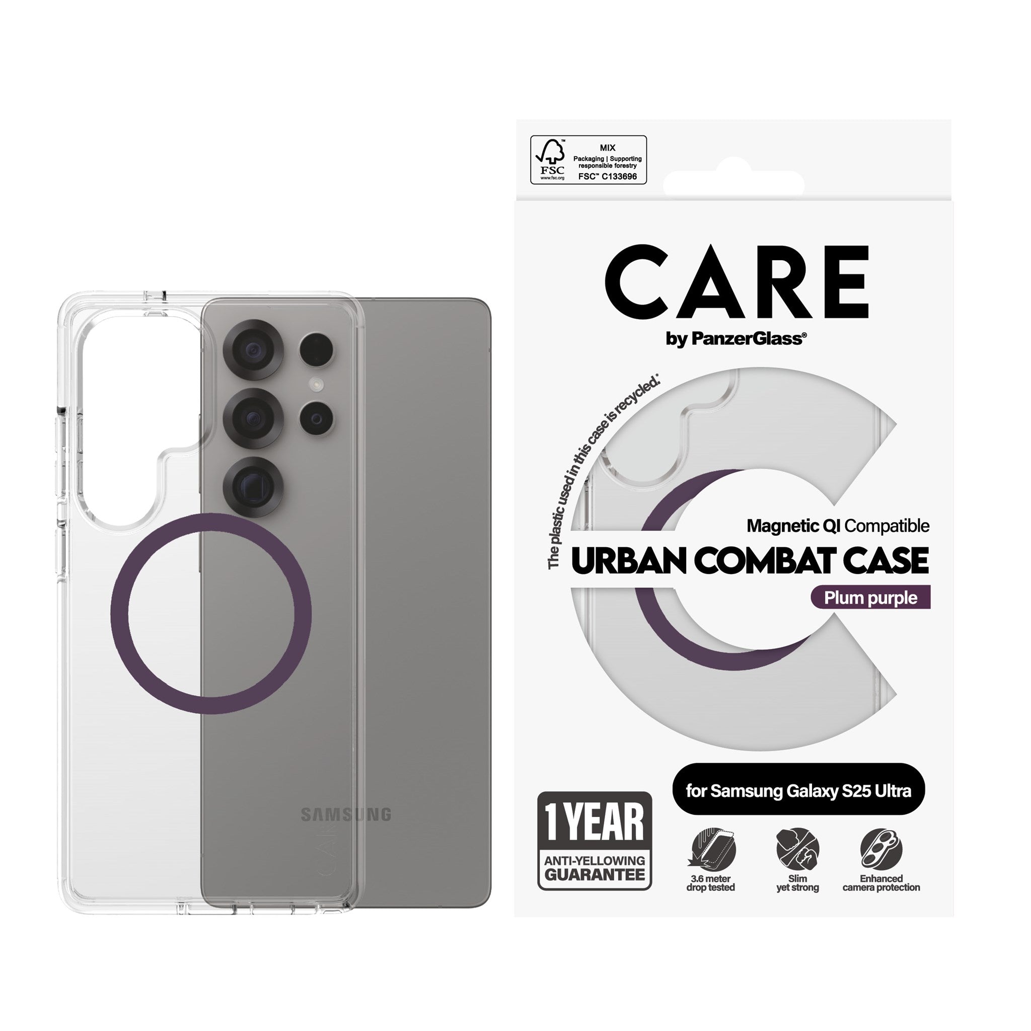 CARE by PanzerGlass® Urban Combat Case Transparent m. Plum Purple Qi Compatible Samsung Galaxy S25 Ultra