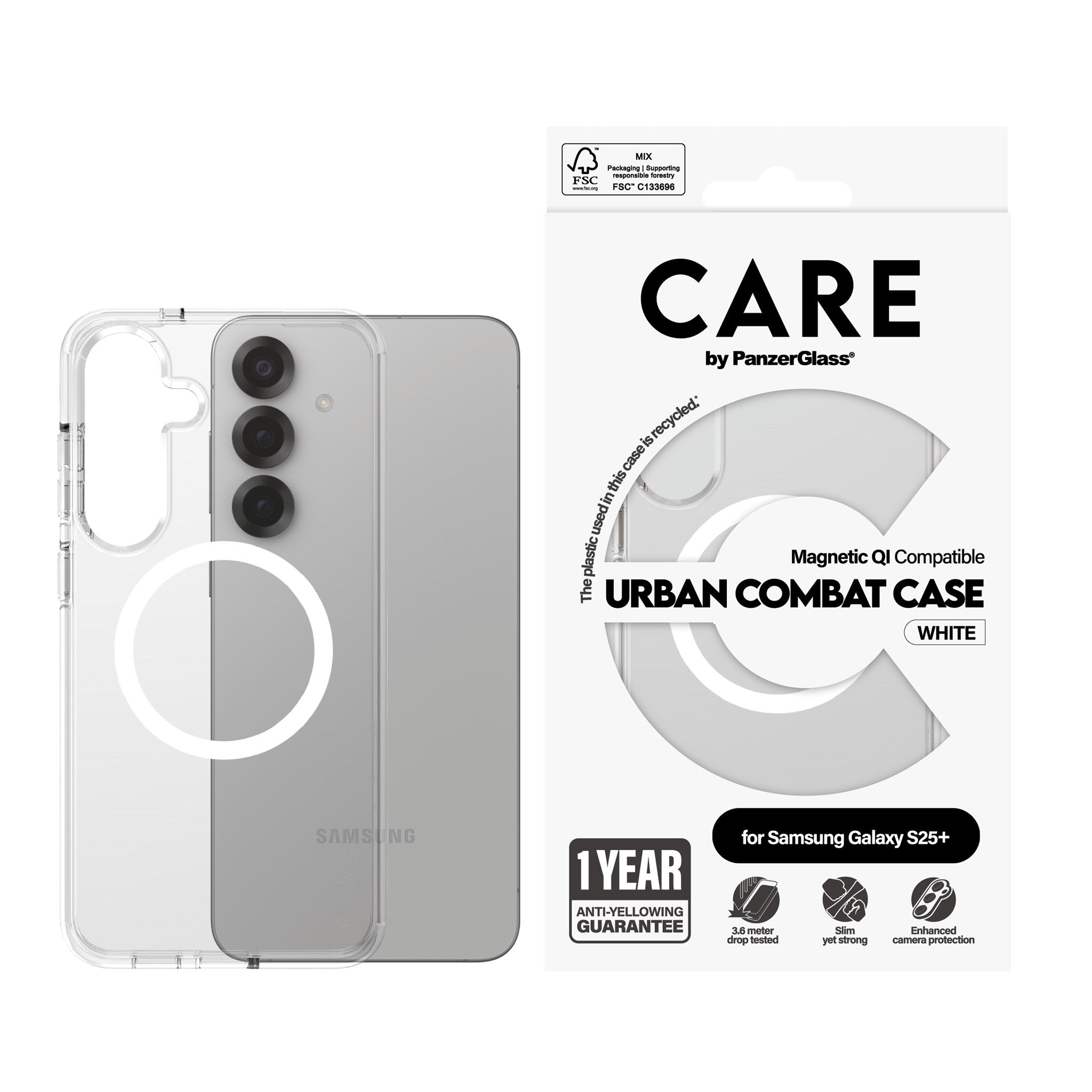 CARE by PanzerGlass® Urban Combat Case Transparent m. Hvid Qi Compatible Samsung Galaxy S25+