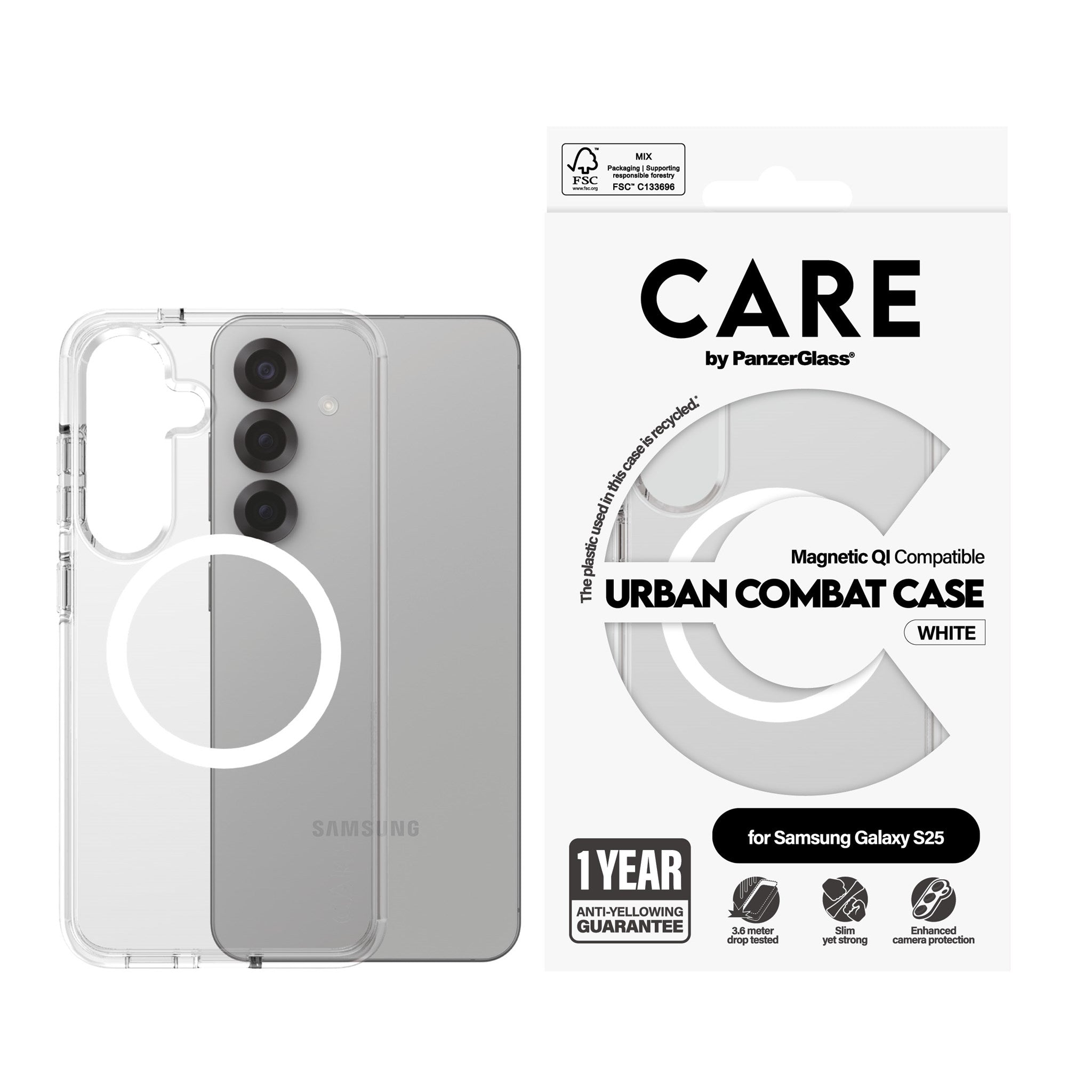 CARE by PanzerGlass® Urban Combat Case Transparent m. Hvid Qi Compatible Samsung Galaxy S25