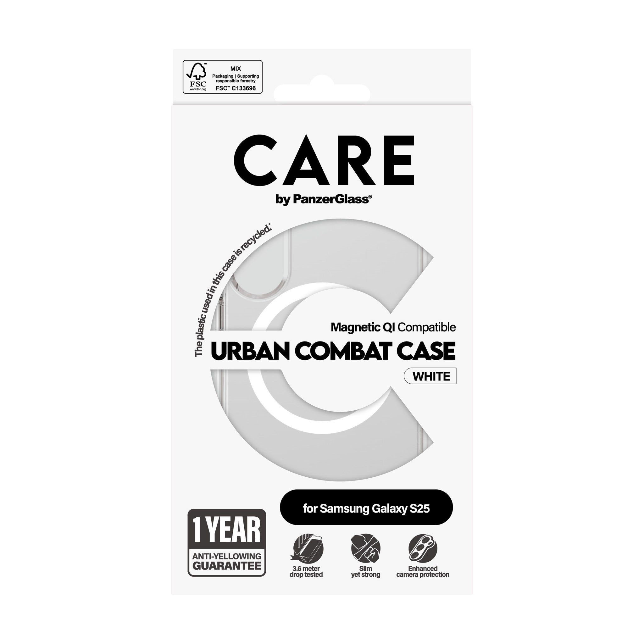 CARE by PanzerGlass® Urban Combat Case Transparent m. Hvid Qi Compatible Samsung Galaxy S25