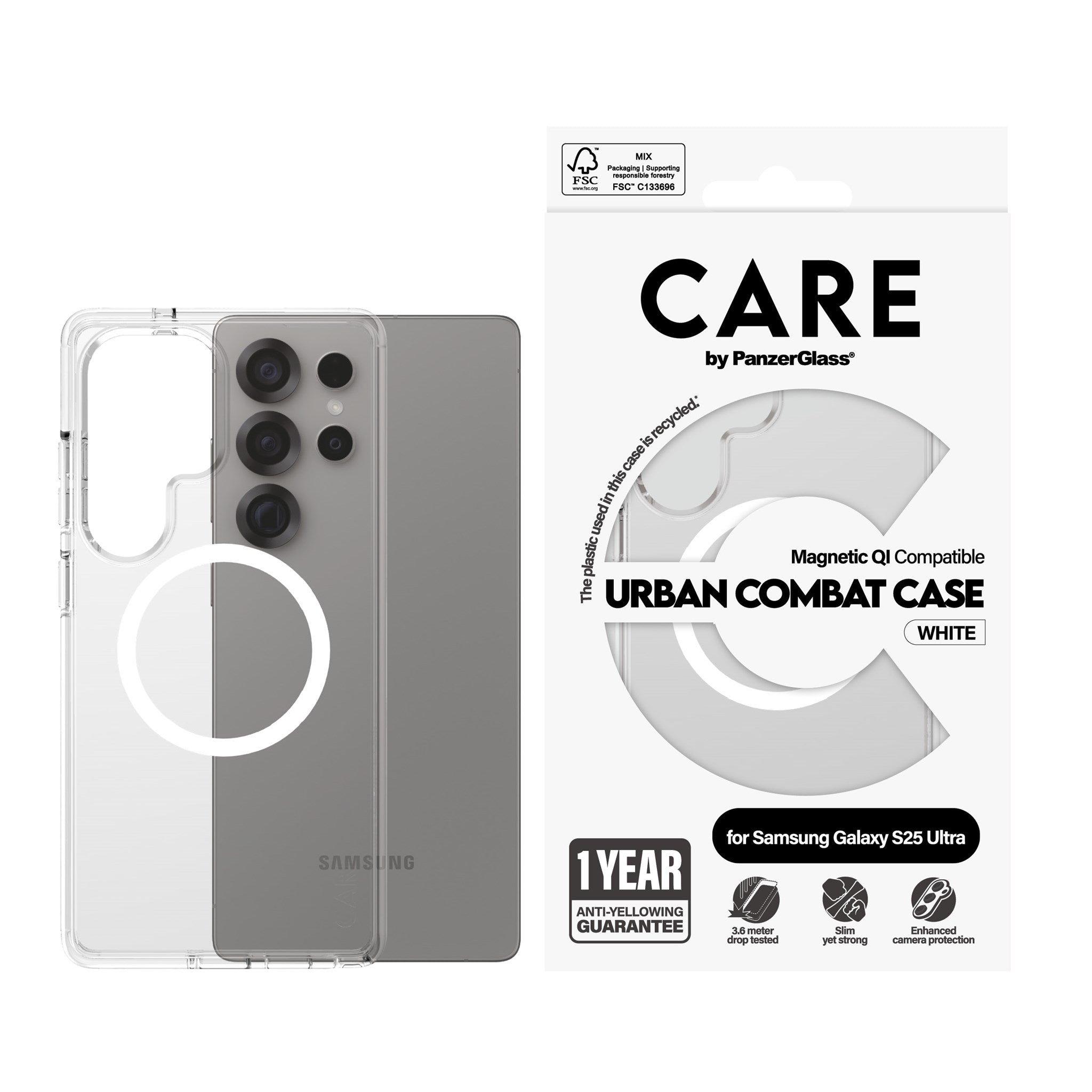CARE by PanzerGlass® Urban Combat Case Transparent m. Hvid Qi Compatible Samsung Galaxy S25 Ultra