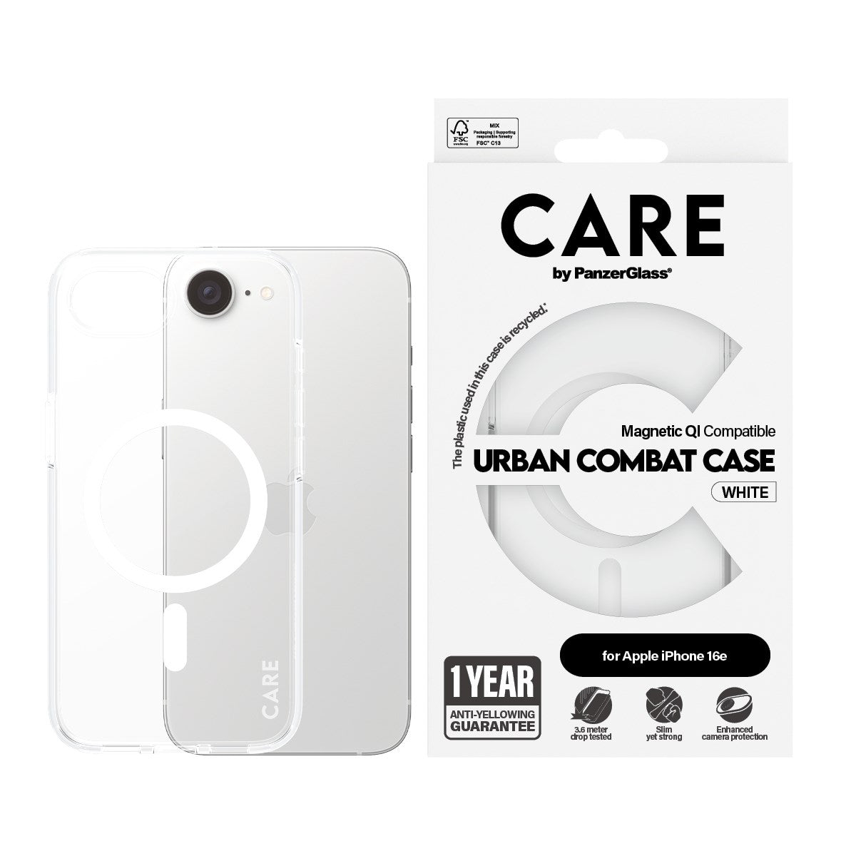 CARE by PanzerGlass® Urban Combat Case Transparent m. Hvid Qi Compatible iPhone 16e