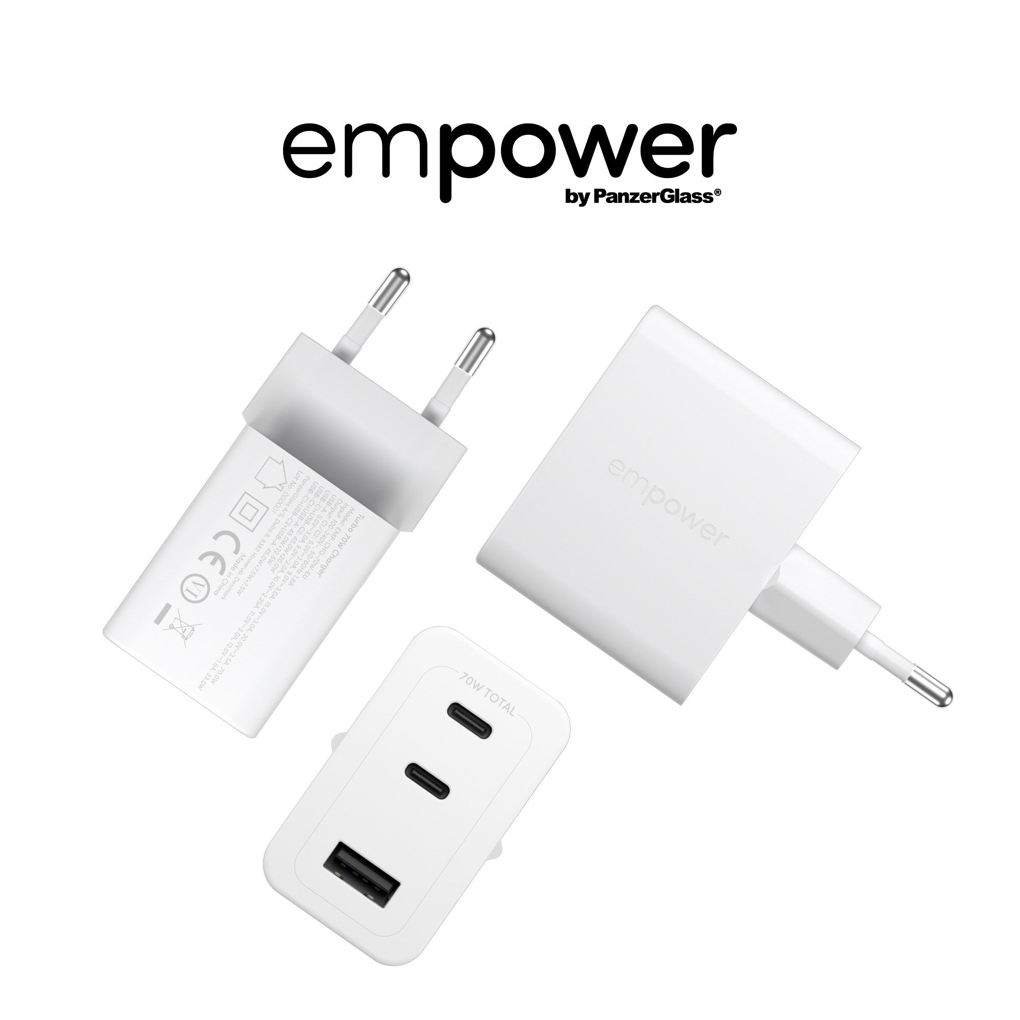 empower™ by PanzerGlass® Turbo 70W Multiple Oplader inkl. 2 x USB-C + USB-A | EU Stik | Silver White
