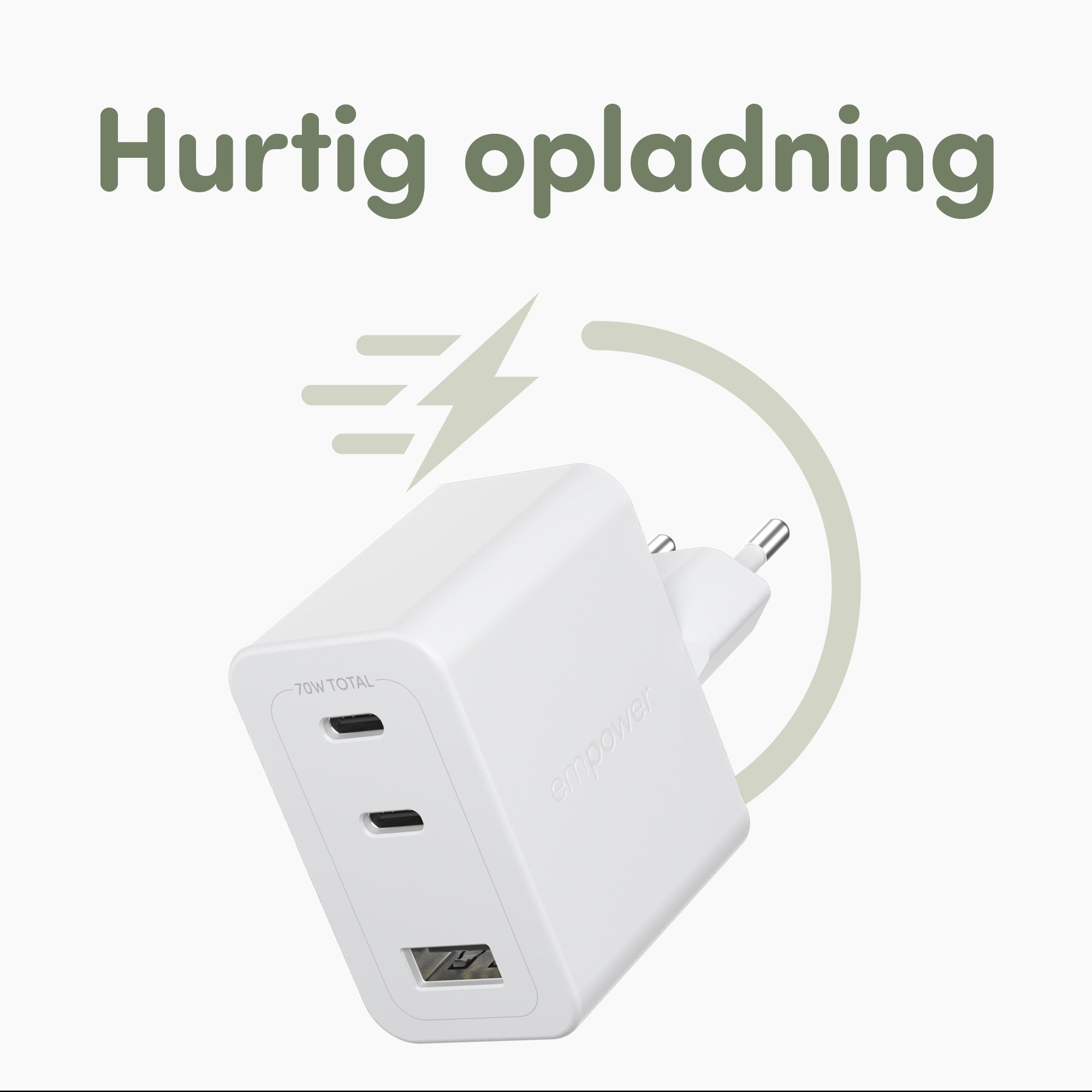 empower™ by PanzerGlass® Turbo 70W Multiple Oplader inkl. 2 x USB-C + USB-A | EU Stik | Silver White