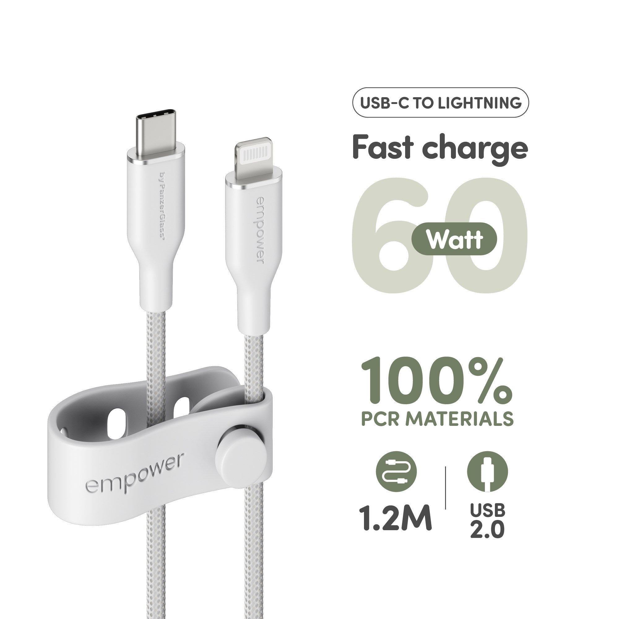 empower™ by PanzerGlass® Racing 60W USB-C to Lightning Kabel | USB 2.0 | 1.2M | Silver White