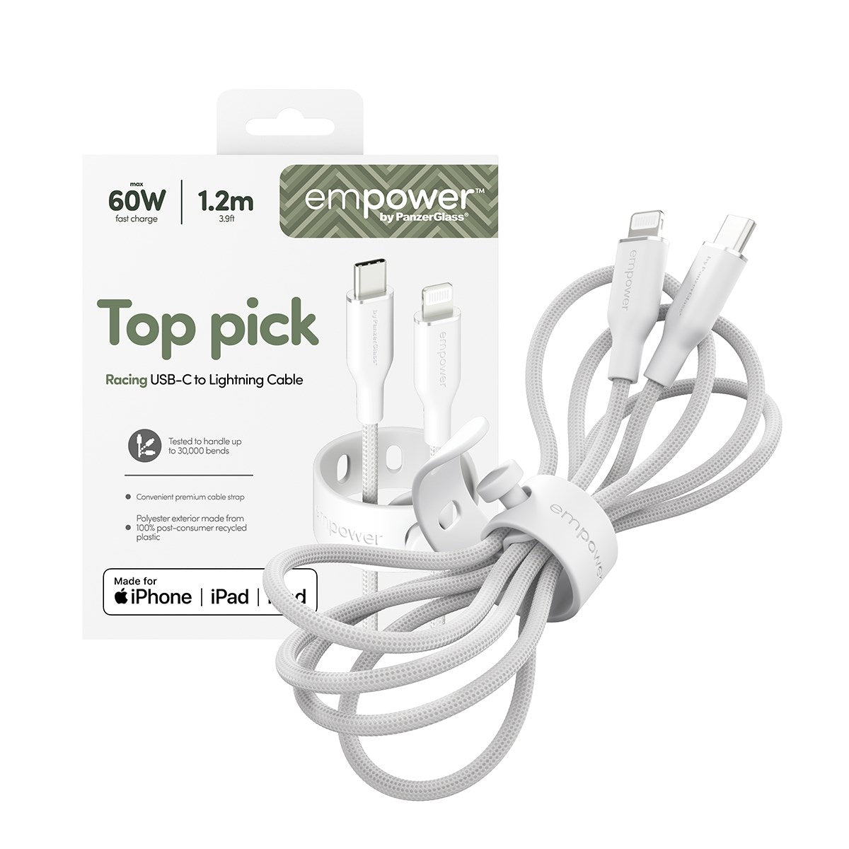 empower by PanzerGlass® Racing 60W USB-C to Lightning Kabel | USB 2.0 | 1.2M | Silver White