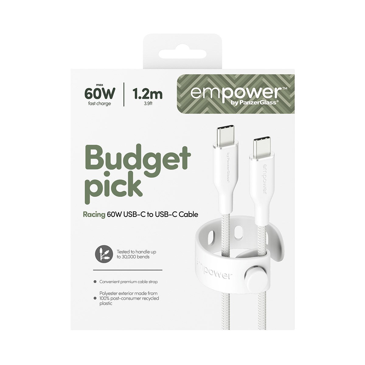 empower by PanzerGlass® Racing 60W USB-C to USB-C Kabel | USB 2.0 | 1.2M | Silver White