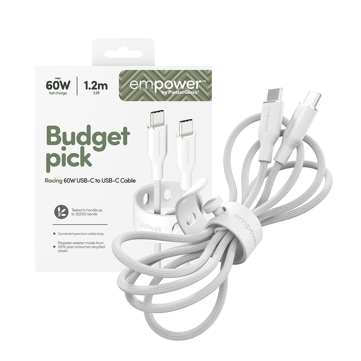 empower by PanzerGlass® Racing 60W USB-C to USB-C Kabel | USB 2.0 | 1.2M | Silver White