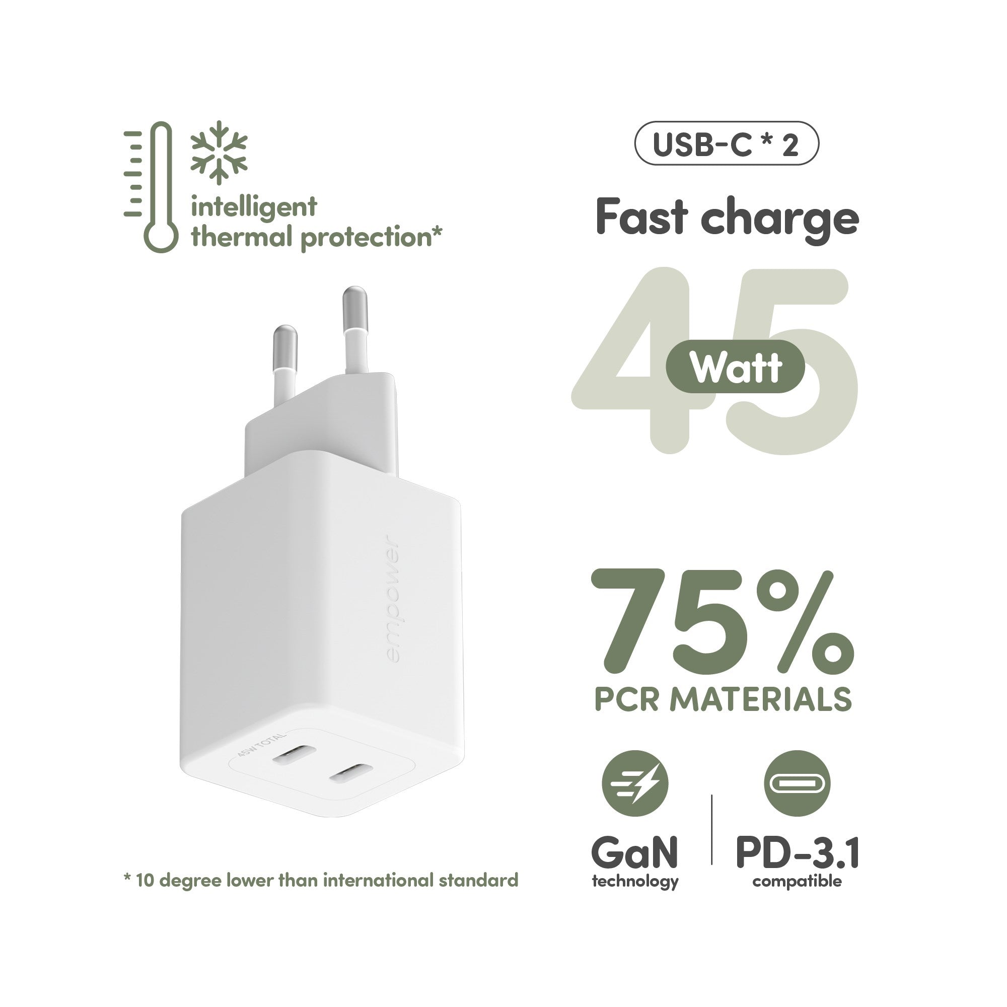 empower™ by PanzerGlass® Turbo 45W Oplader inkl. 2 x USB-C | EU Stik | Silver White