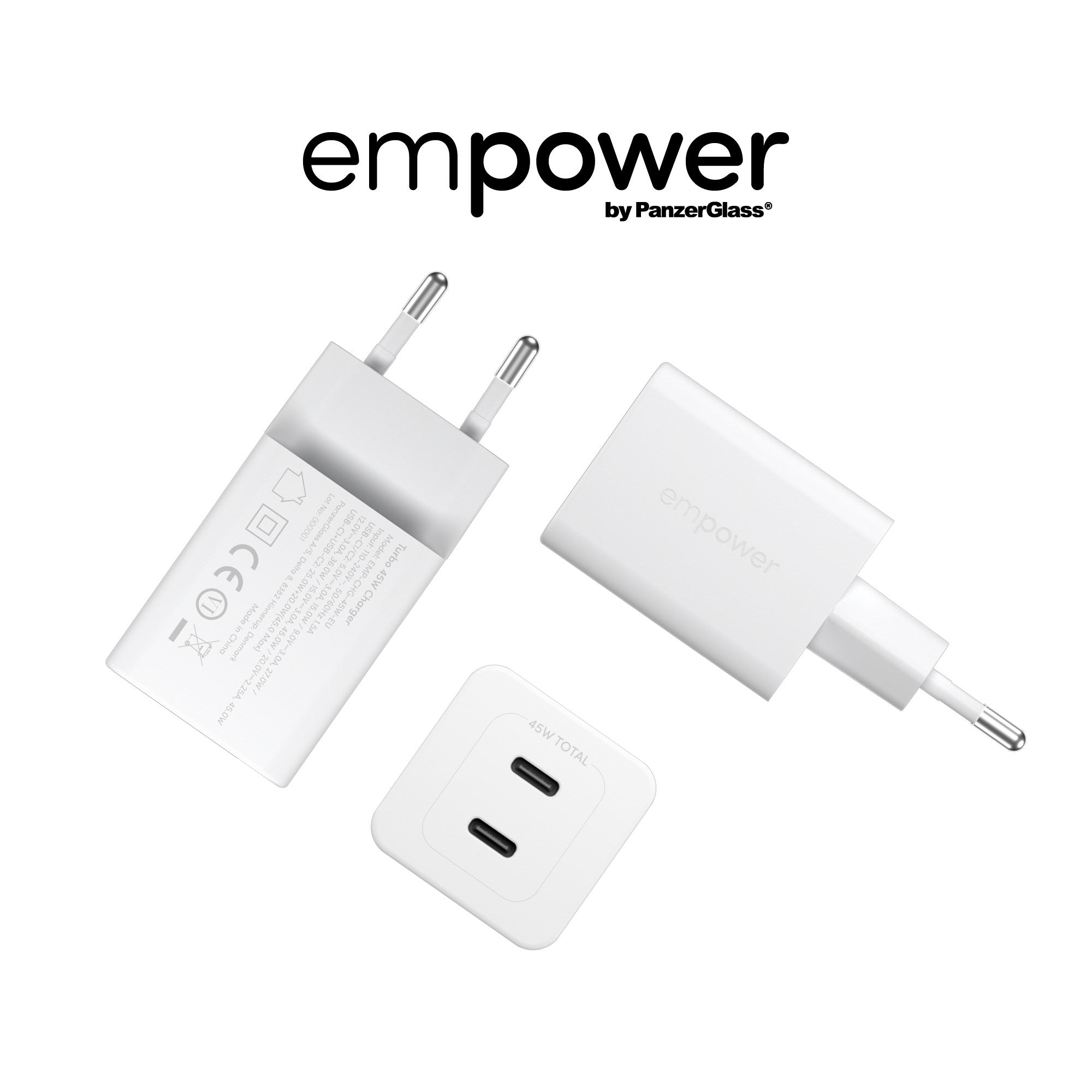 empower™ by PanzerGlass® Turbo 45W Oplader inkl. 2 x USB-C | EU Stik | Silver White