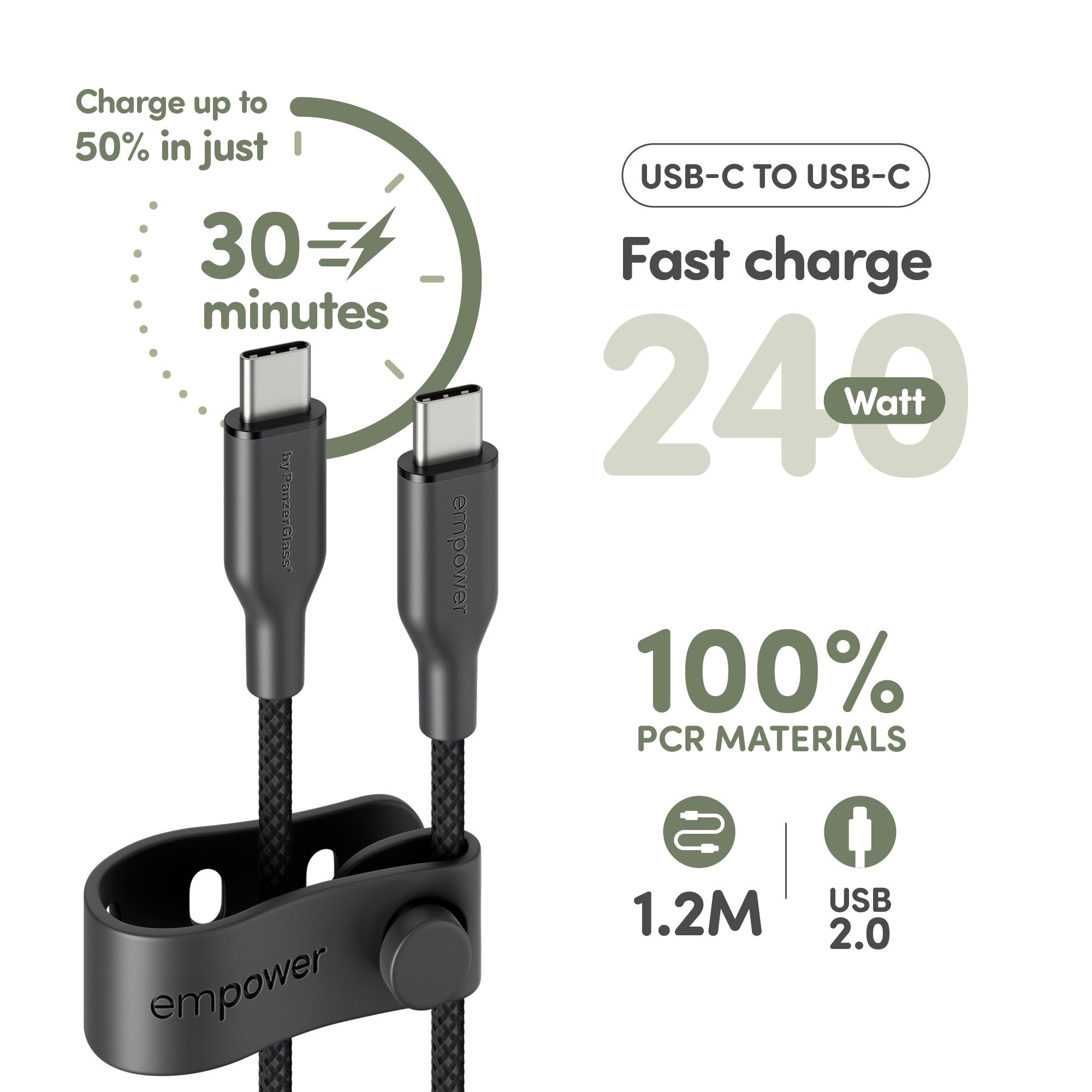 empower™ by PanzerGlass® Racing 240W USB-C to USB-C Kabel | USB 2.0 | 1.2M | Space Black