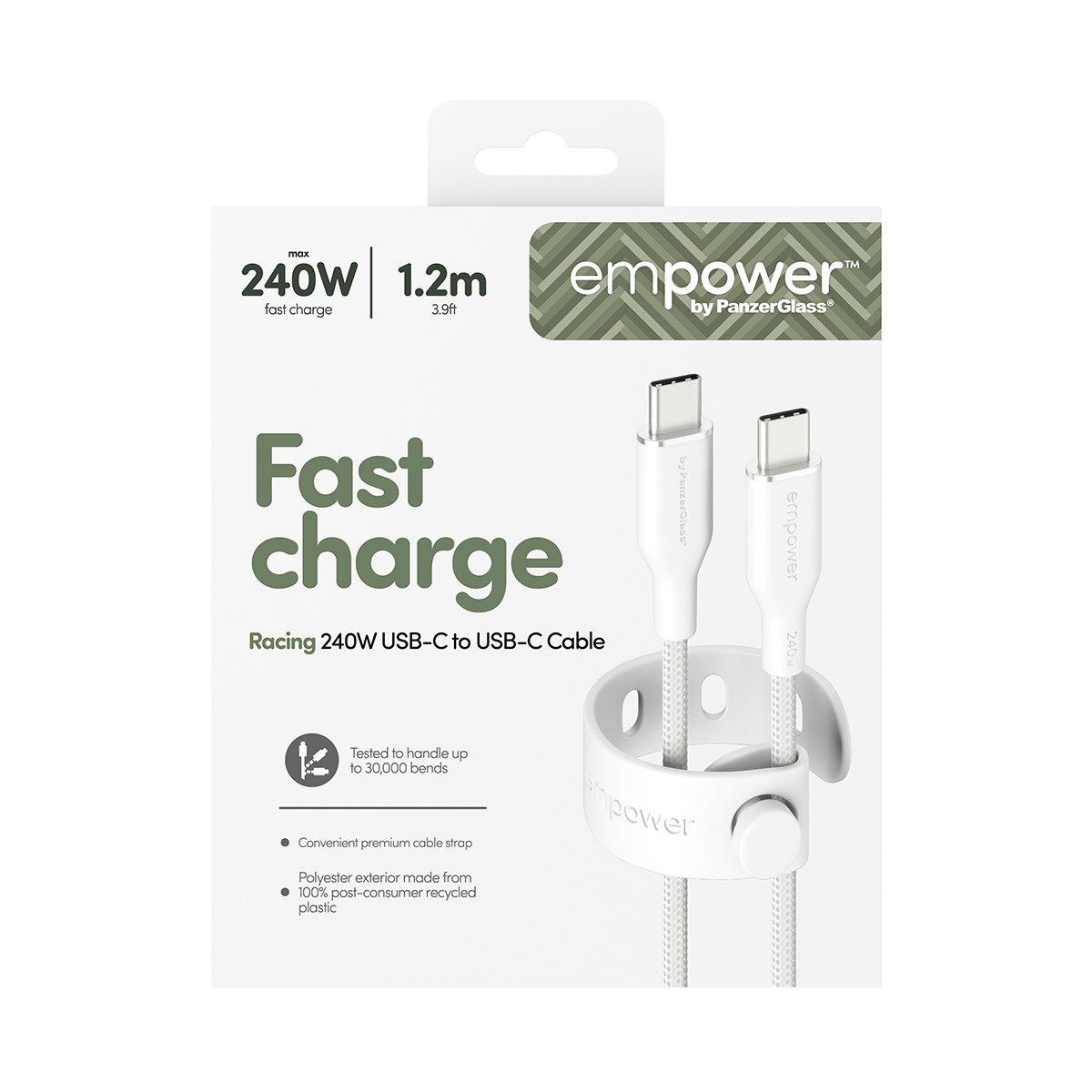 empower by PanzerGlass® Racing 240W USB-C to USB-C Kabel | USB 2.0 | 1.2M | Silver White