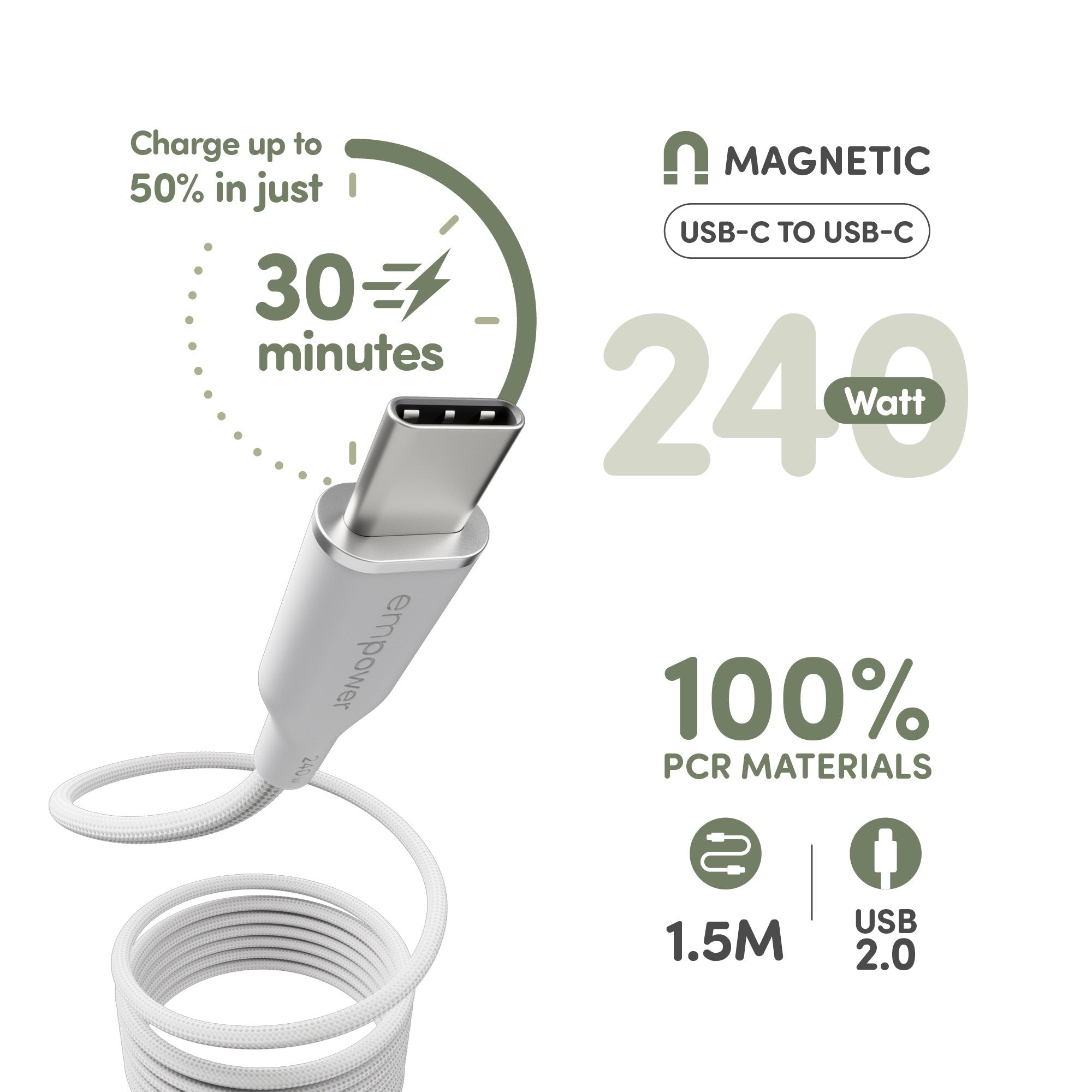 empower™ by PanzerGlass® Magnetic 240W USB-C to USB-C Kabel | USB 2.0 | 1.5M | Silver White