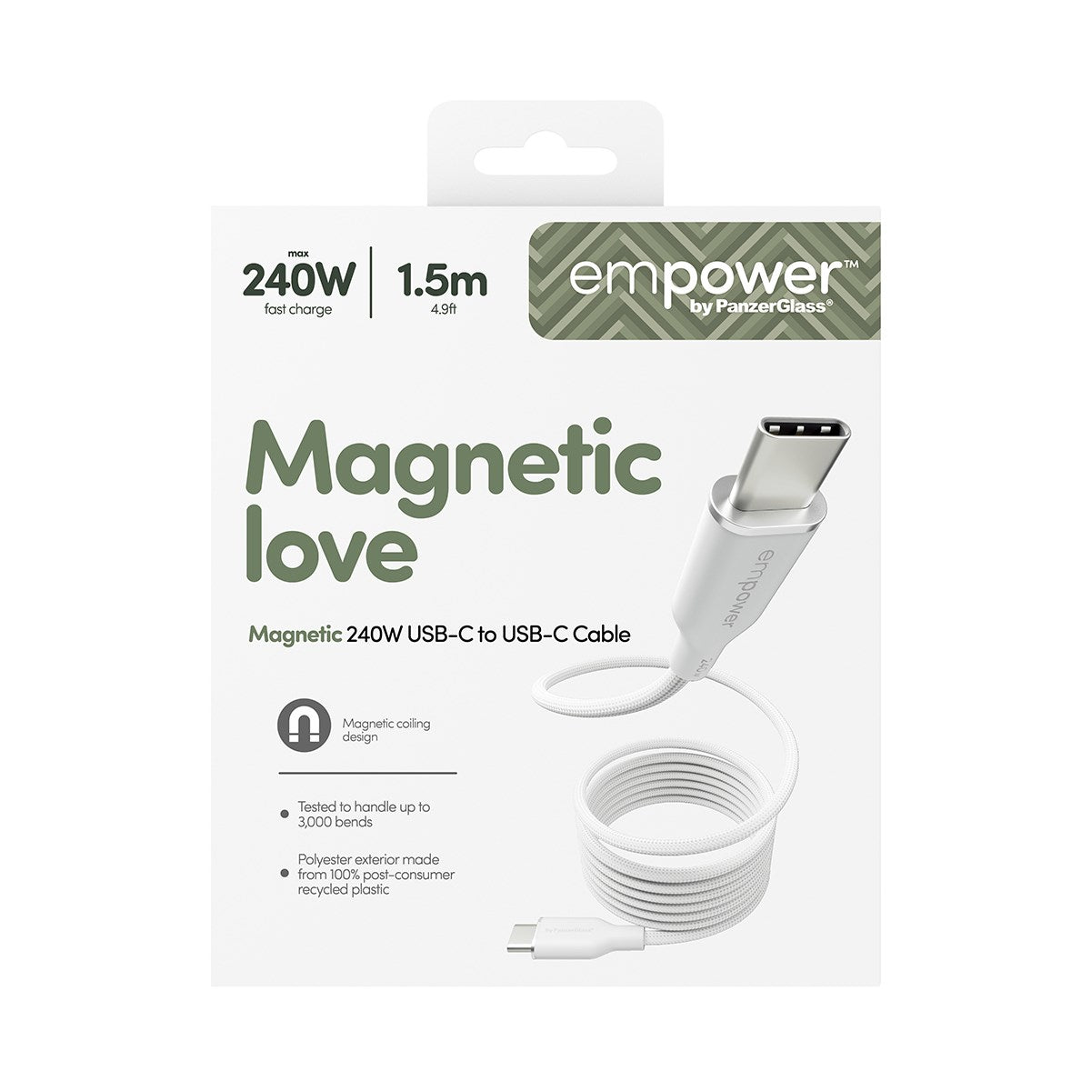 empower by PanzerGlass® Magnetic 240W USB-C to USB-C Kabel | USB 2.0 | 1.5M | Silver White