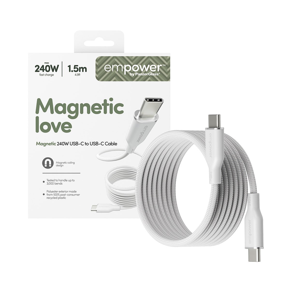 empower by PanzerGlass® Magnetic 240W USB-C to USB-C Kabel | USB 2.0 | 1.5M | Silver White
