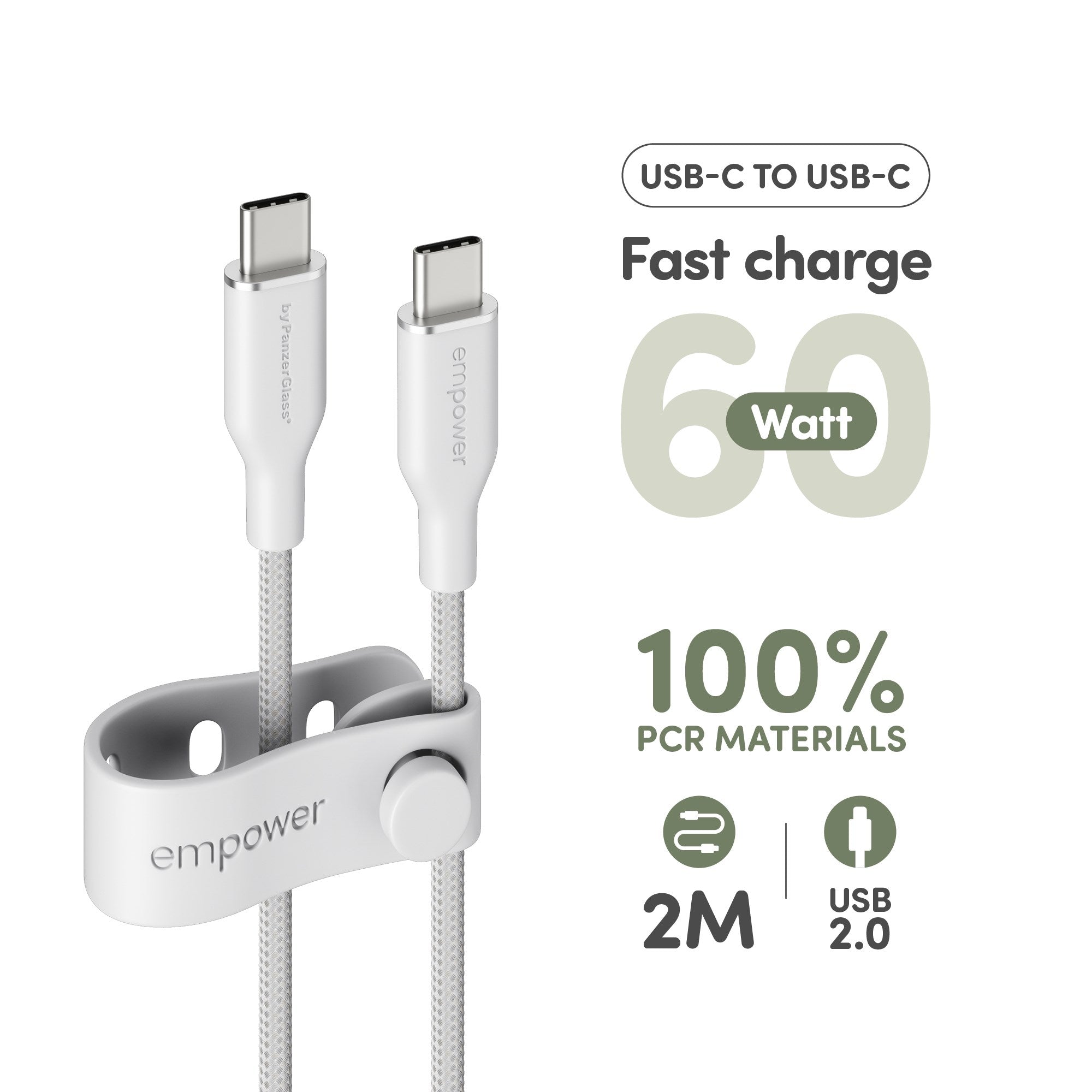 empower™ by PanzerGlass® Racing 60W USB-C to USB-C Kabel | USB 2.0 | 2M | Silver White