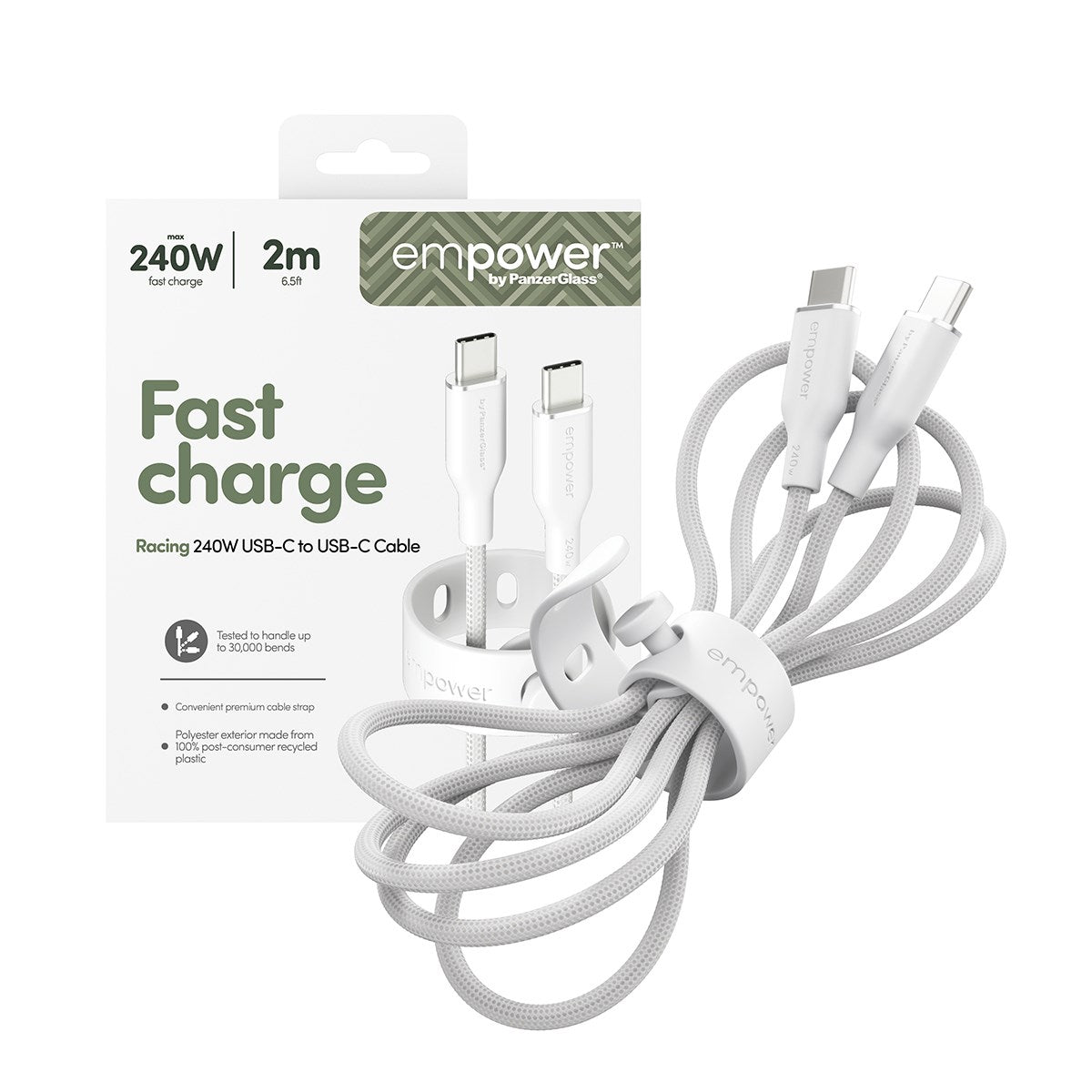 empower by PanzerGlass® Racing 240W USB-C to USB-C Kabel | USB 2.0 | 2M | Silver White