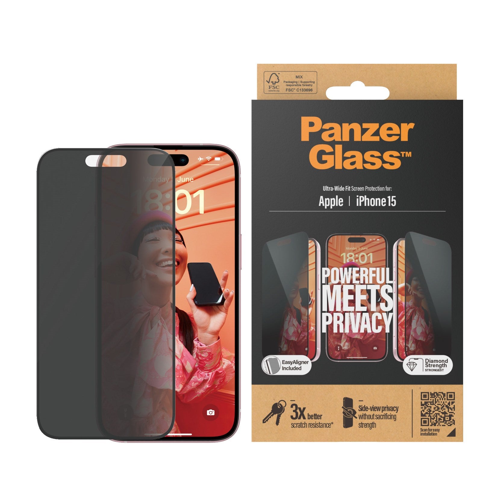 PanzerGlass® Privacy Skærmbeskyttelse iPhone 15 | Ultra-Wide Fit m. EasyAligner