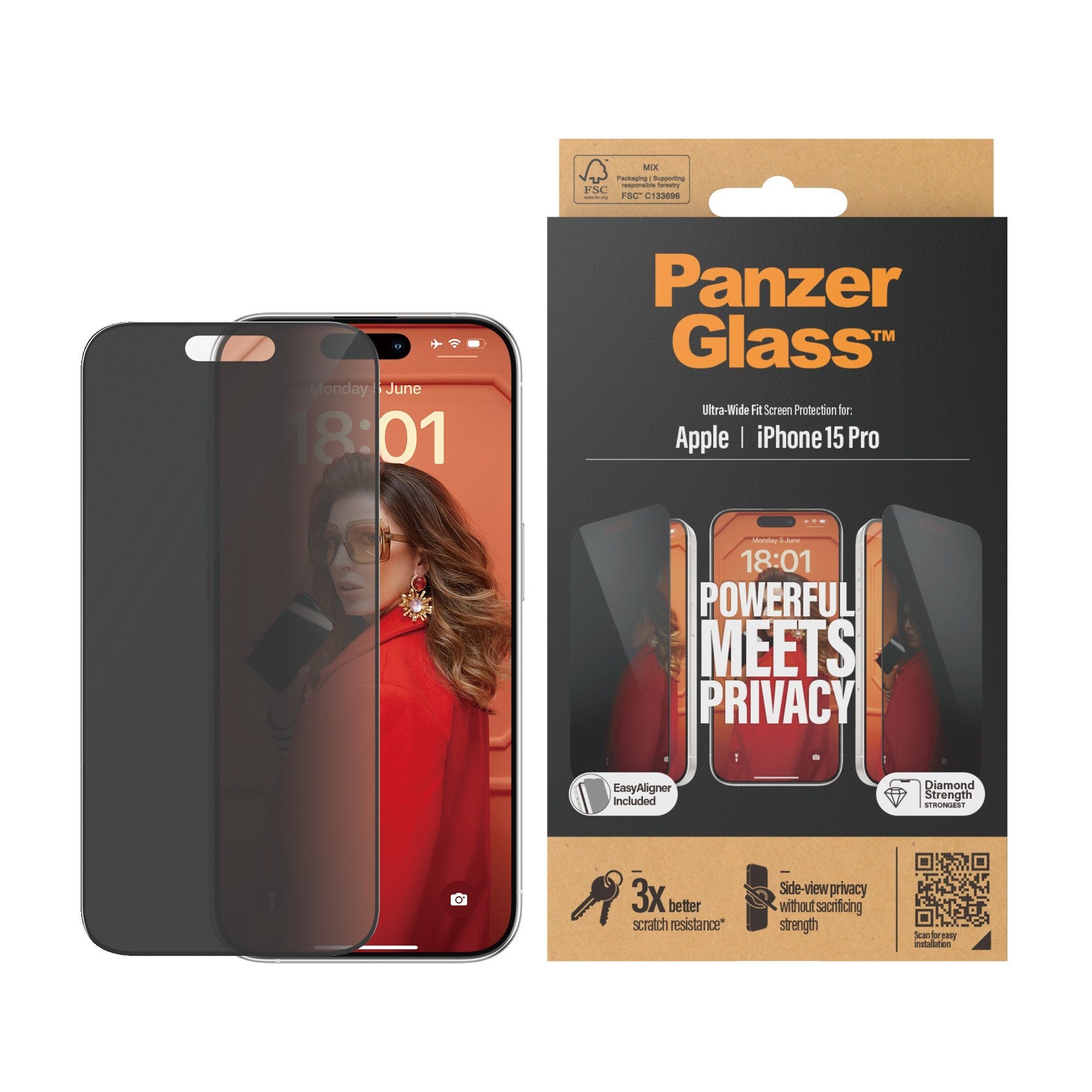 PanzerGlass® Privacy Skærmbeskyttelse iPhone 15 Pro | Ultra-Wide Fit m. EasyAligner
