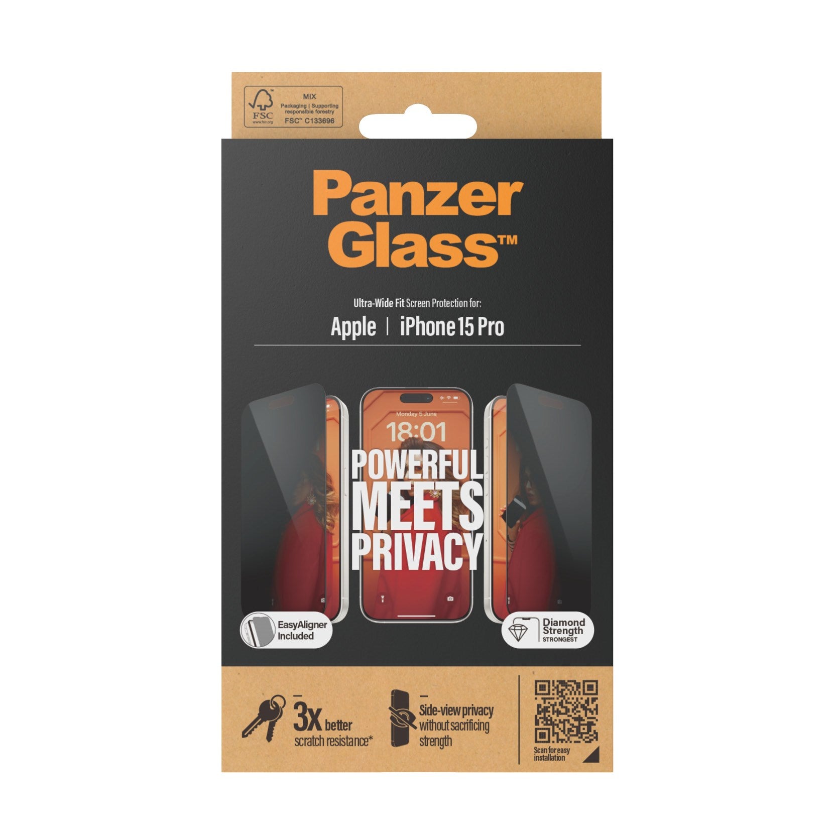 PanzerGlass® Privacy Skærmbeskyttelse iPhone 15 Pro | Ultra-Wide Fit m. EasyAligner