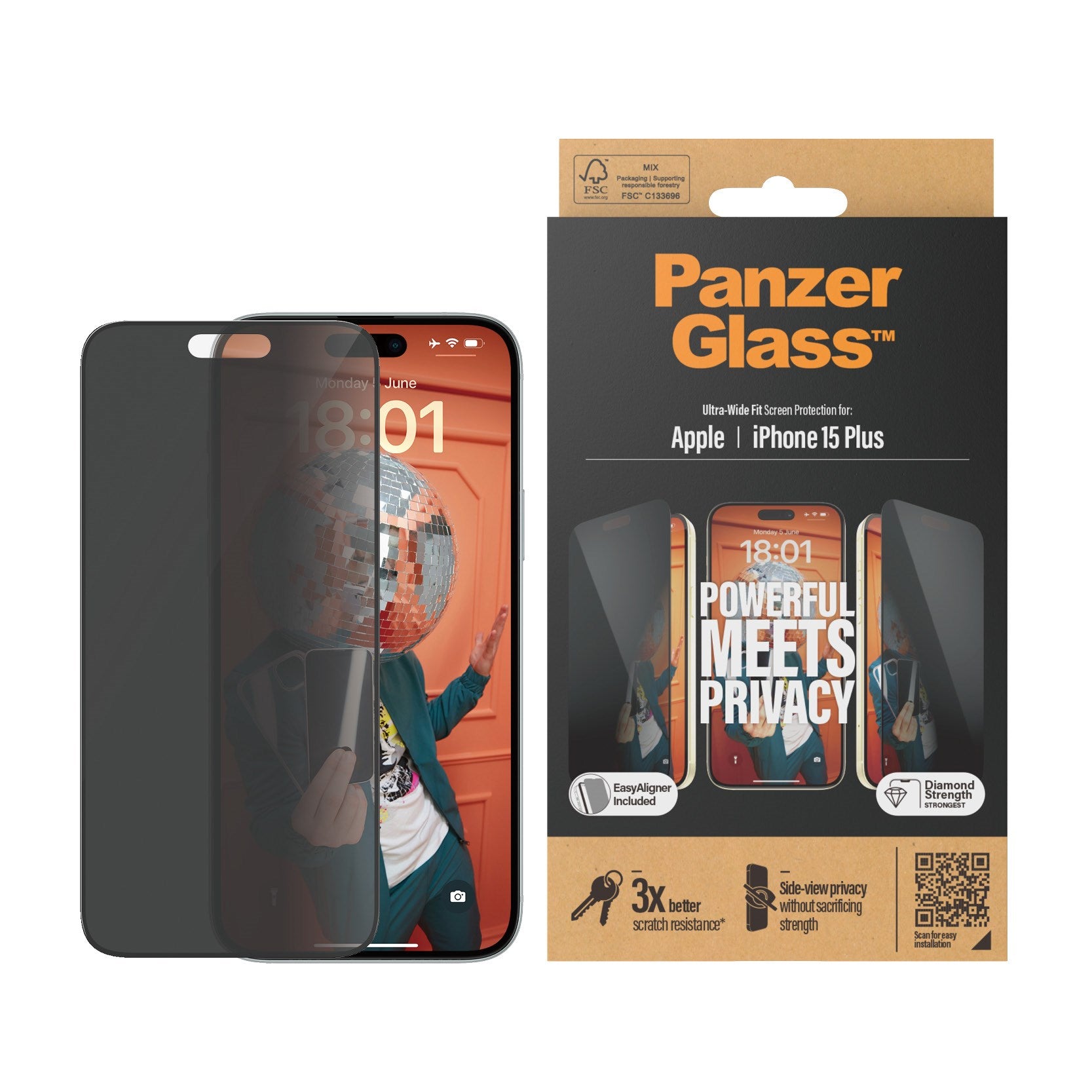 PanzerGlass® Privacy Skærmbeskyttelse iPhone 15 Plus | Ultra-Wide Fit m. EasyAligner