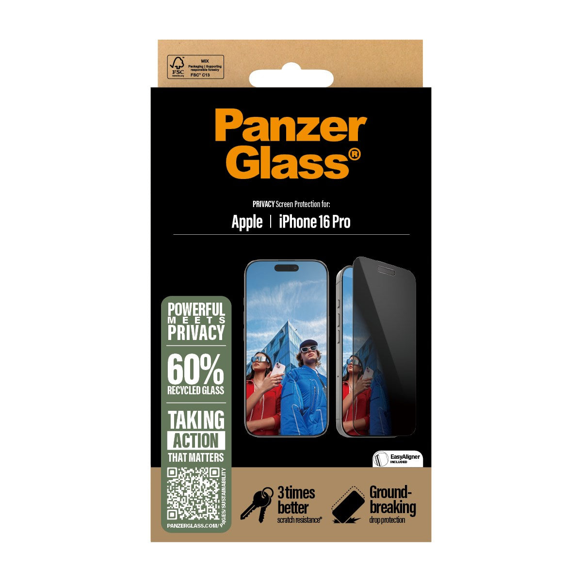 PanzerGlass® Privacy Skærmbeskyttelse iPhone 16 Pro | Ultra-Wide Fit m. EasyAligner
