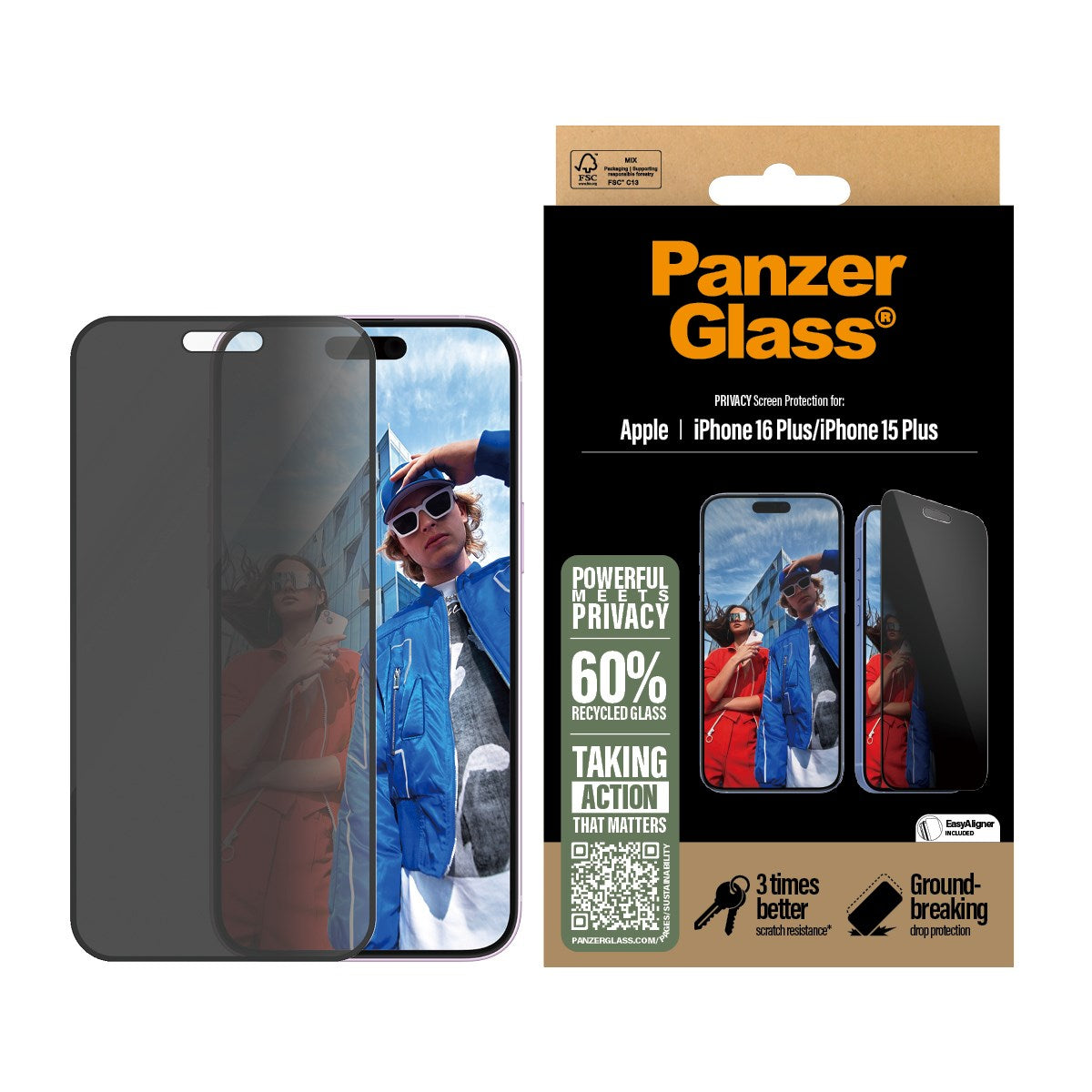 PanzerGlass® Privacy Skærmbeskyttelse iPhone 16 Plus | 15 Plus | Ultra-Wide Fit m. EasyAligner