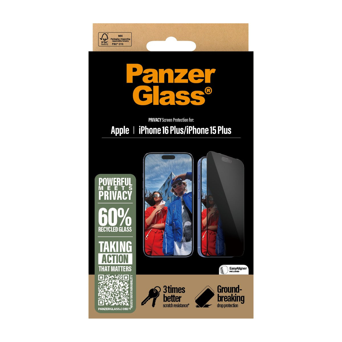 PanzerGlass® Privacy Skærmbeskyttelse iPhone 16 Plus | 15 Plus | Ultra-Wide Fit m. EasyAligner