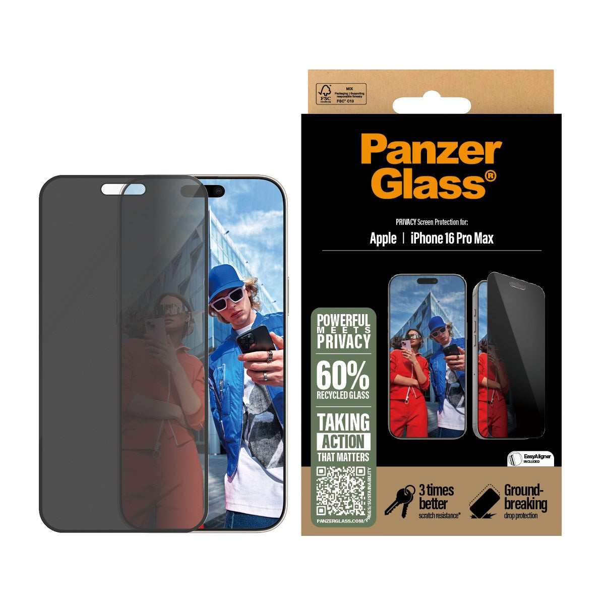 PanzerGlass® Privacy Skærmbeskyttelse iPhone 16 Pro Max | Ultra-Wide Fit m. EasyAligner