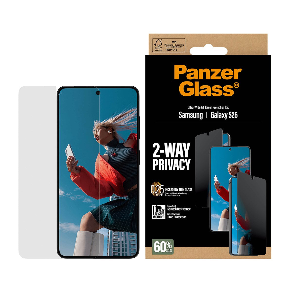 PanzerGlass® 2-Way Privacy Skærmbeskyttelse Samsung Galaxy S26 | Ultra-Wide Fit m. EasyAligner